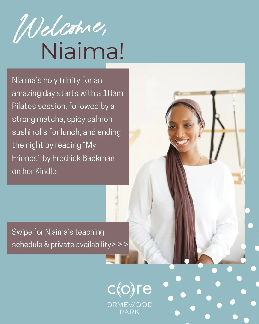 Join us in welcoming Niaima to the CORE team 🙌

With Niaima on board, we now have both classes and private lessons available on Sunday morning. Moving early in the morning is a great way to supercharge your day with good energy.

Her classes are boo
