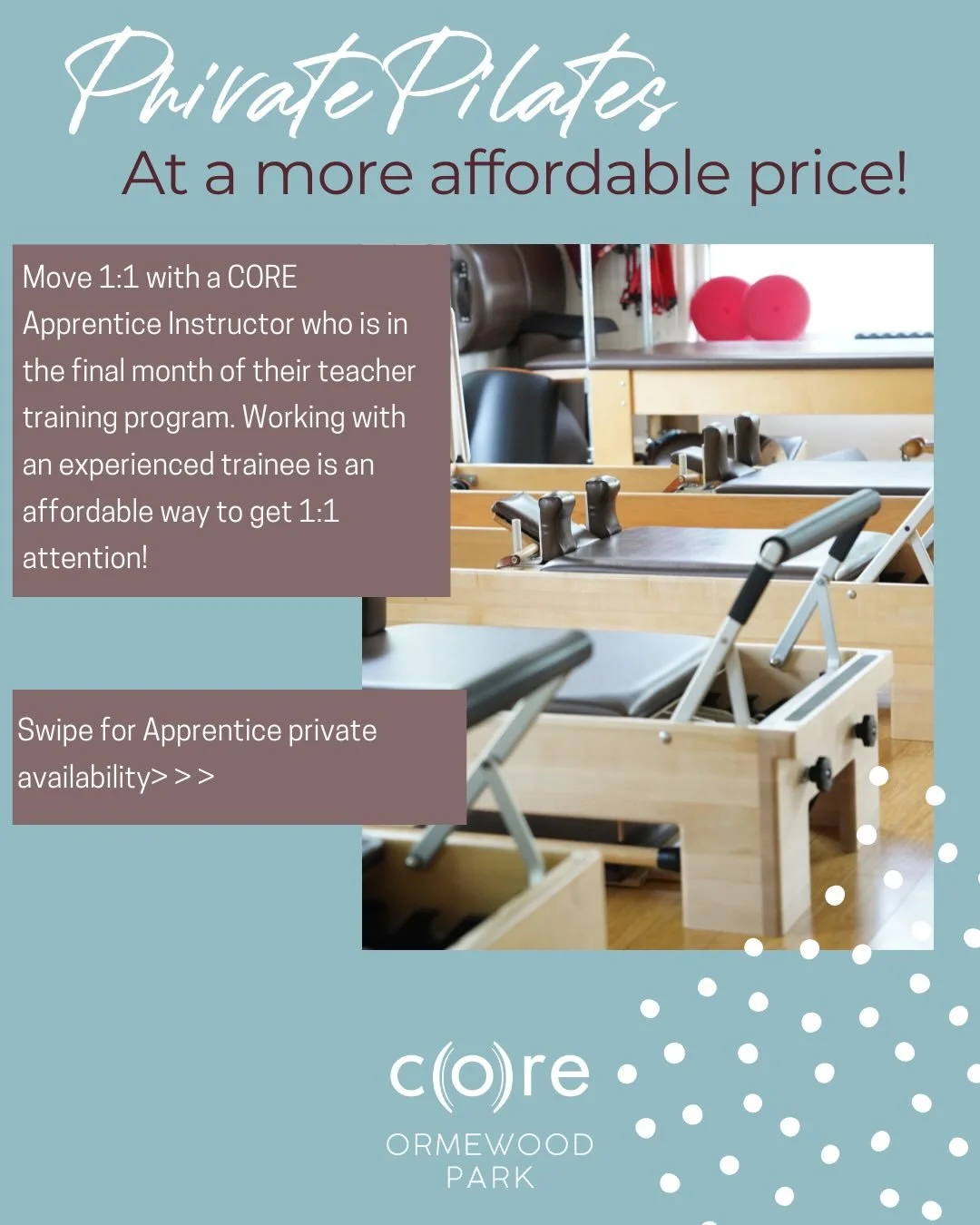 Not all private Pilates has to come with a $200+ price tag. 👀✨

At CORE Ormewood Park, you can train 1:1 with a CORE apprentice instructor and receive personalized, detail-driven Classical Pilates at a more accessible rate.

Our apprentices, Arielle