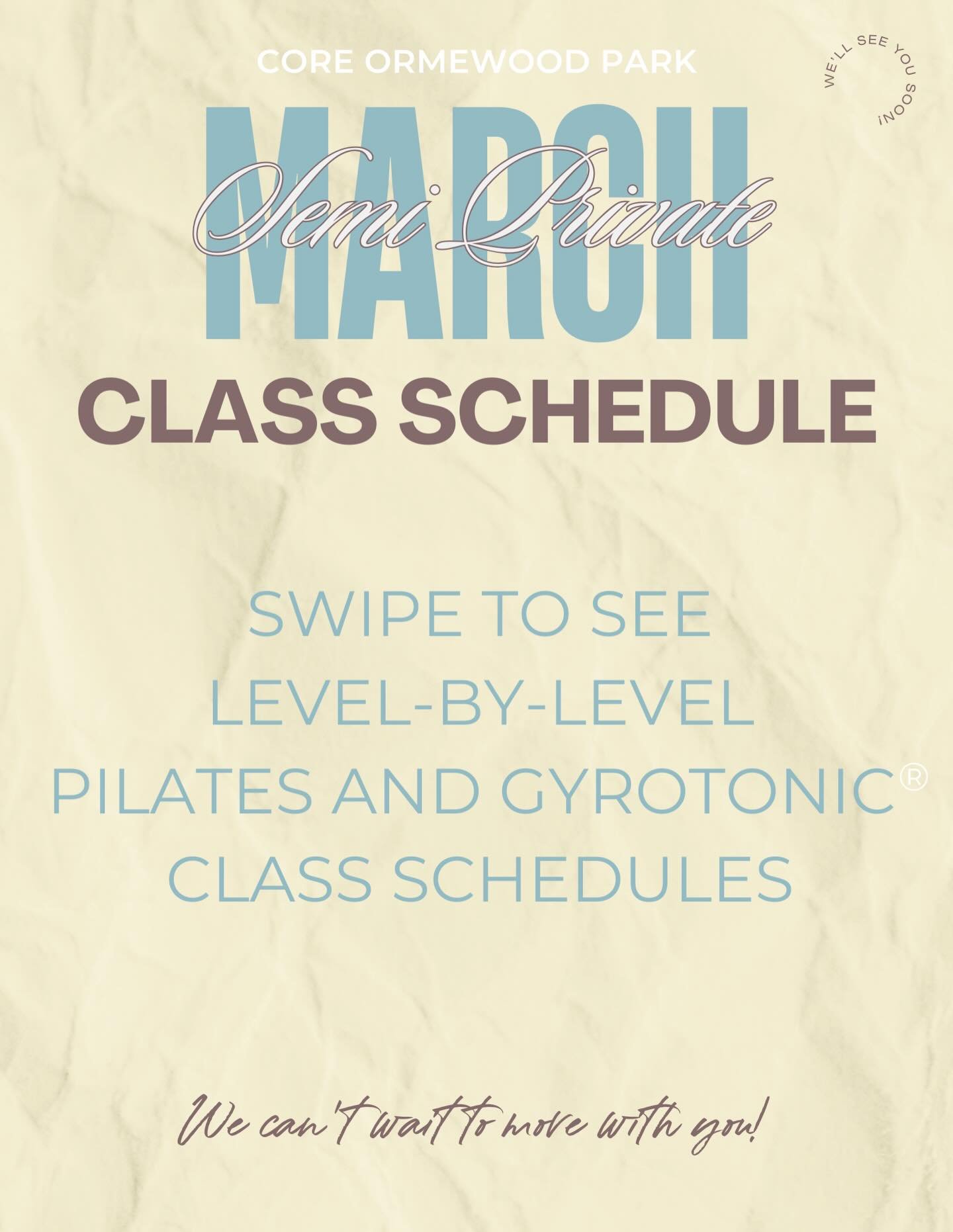 March classes are live!

And if you&rsquo;ve been meaning to commit to your routine, this is your sign.

Whether you&rsquo;re booking your weekly Pilates class, or finally scheduling that private session, now&rsquo;s the time to claim your spot befor