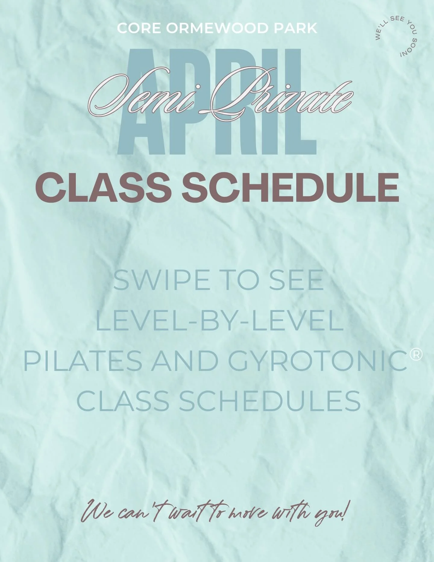 April is here, and your next favorite class is waiting✨

From Intro Pilates to Level II Gyrotonic, there are plenty of ways to move with us this month at CORE Ormewood Park.

Whether you&rsquo;re building consistency, trying something new, or finally