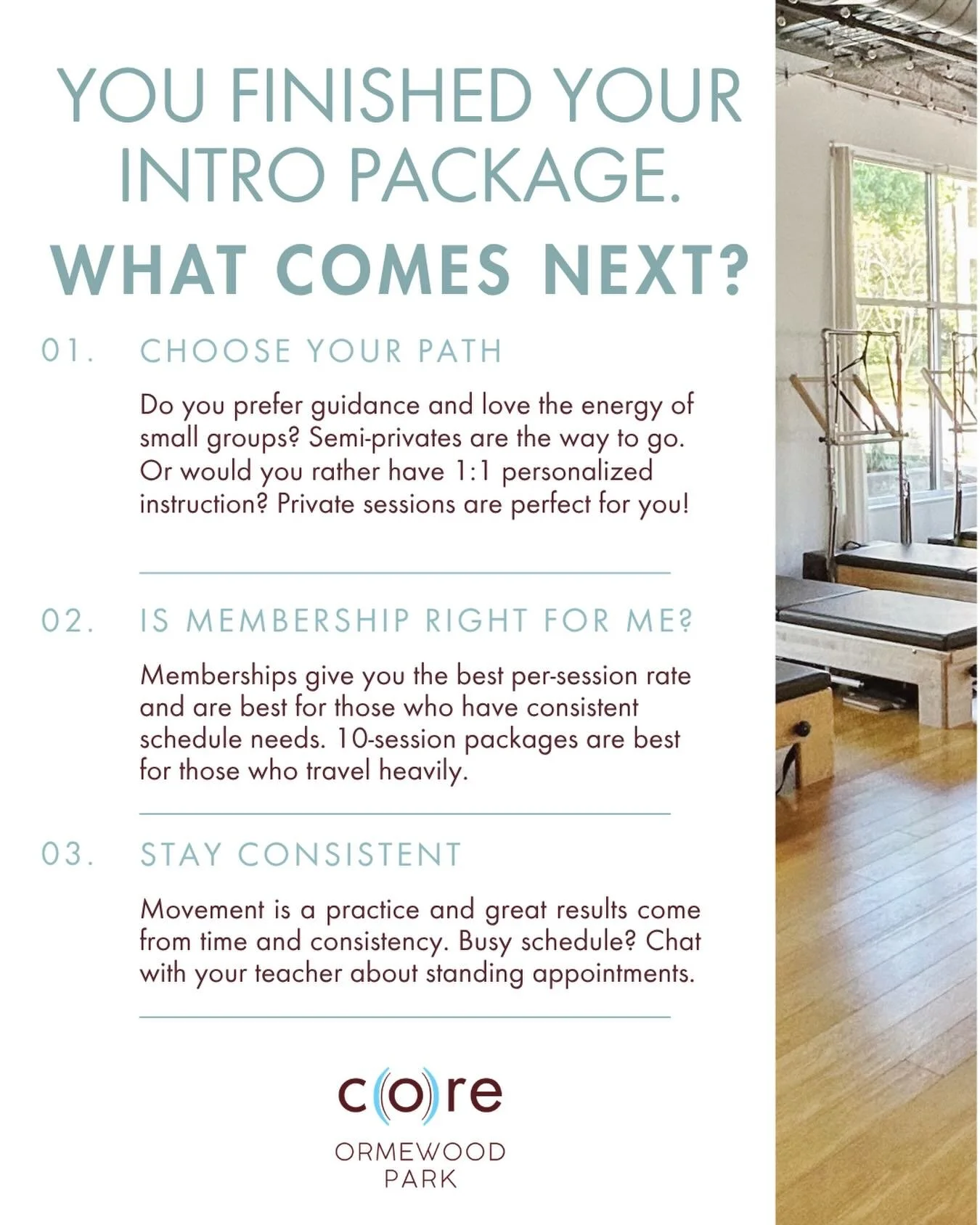 Wondering what the next step is? We&rsquo;ve got you!

Those first 3 sessions are designed to build awareness, teach the fundamentals, and introduce you to our movement styles.

The REAL progress comes from what you do next. 

Consistency is what bui