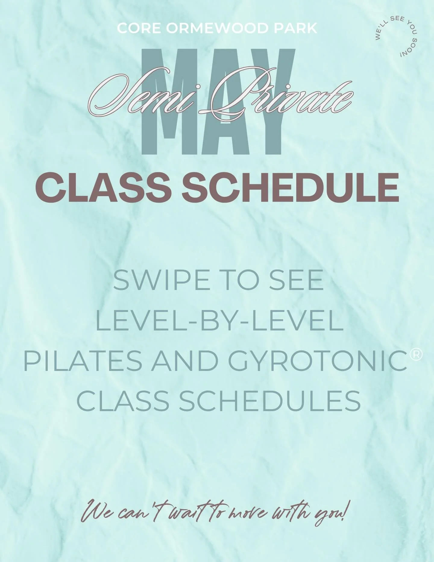 May has arrived, and your favorite classes are waiting✨

From Intro Pilates to Level II Gyrotonic, there are plenty of ways to move with us this month at CORE Ormewood Park. This month, we have a NEW later evening option on Wednesdays!

Whether you&r