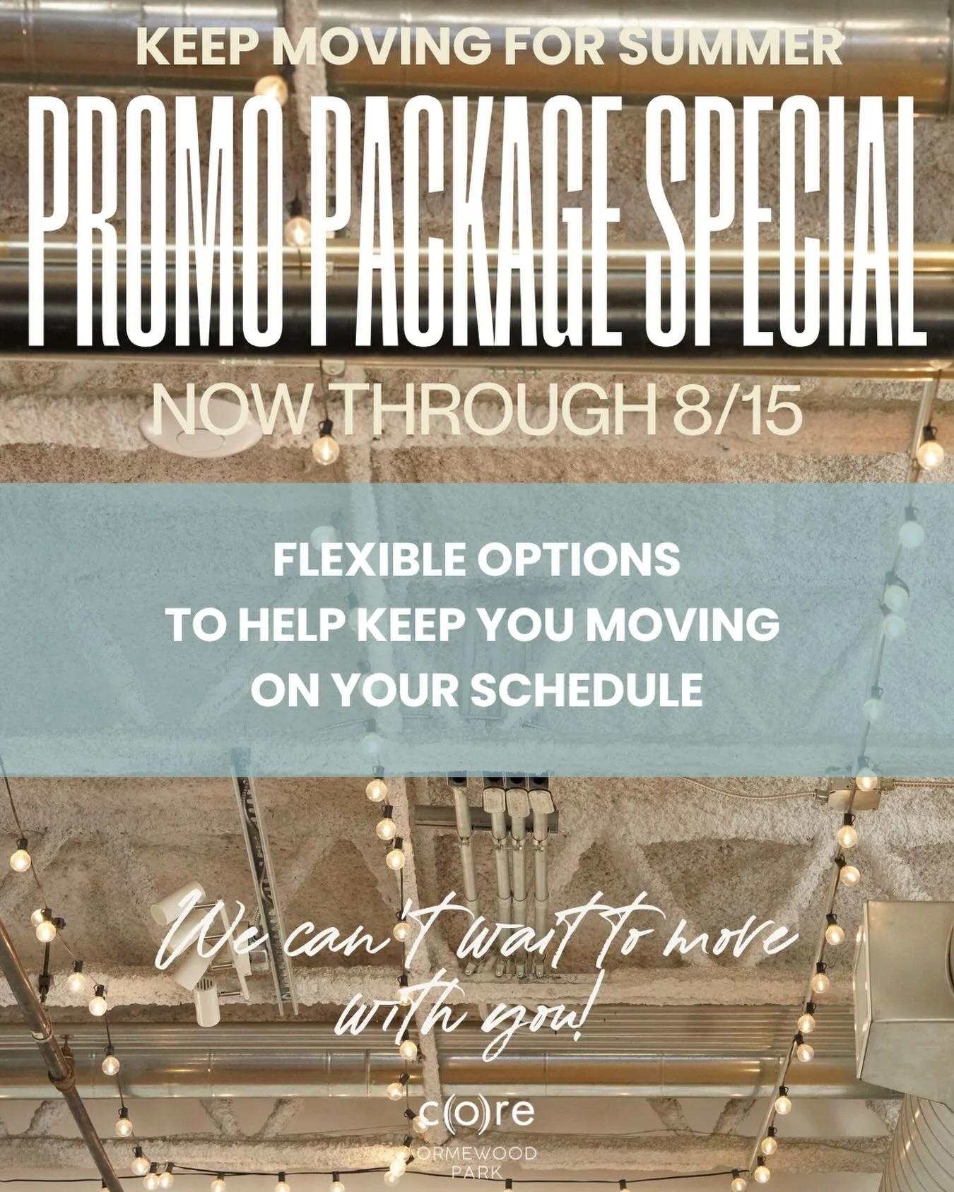 Summer doesn&rsquo;t have to mean falling off your routine!

Introducing our Keep Moving for Summer packages. These are a flexible, no-commitment way to keep you moving through mid-August, on your schedule.

&bull;  5 Semi-Private Classes &mdash; $19