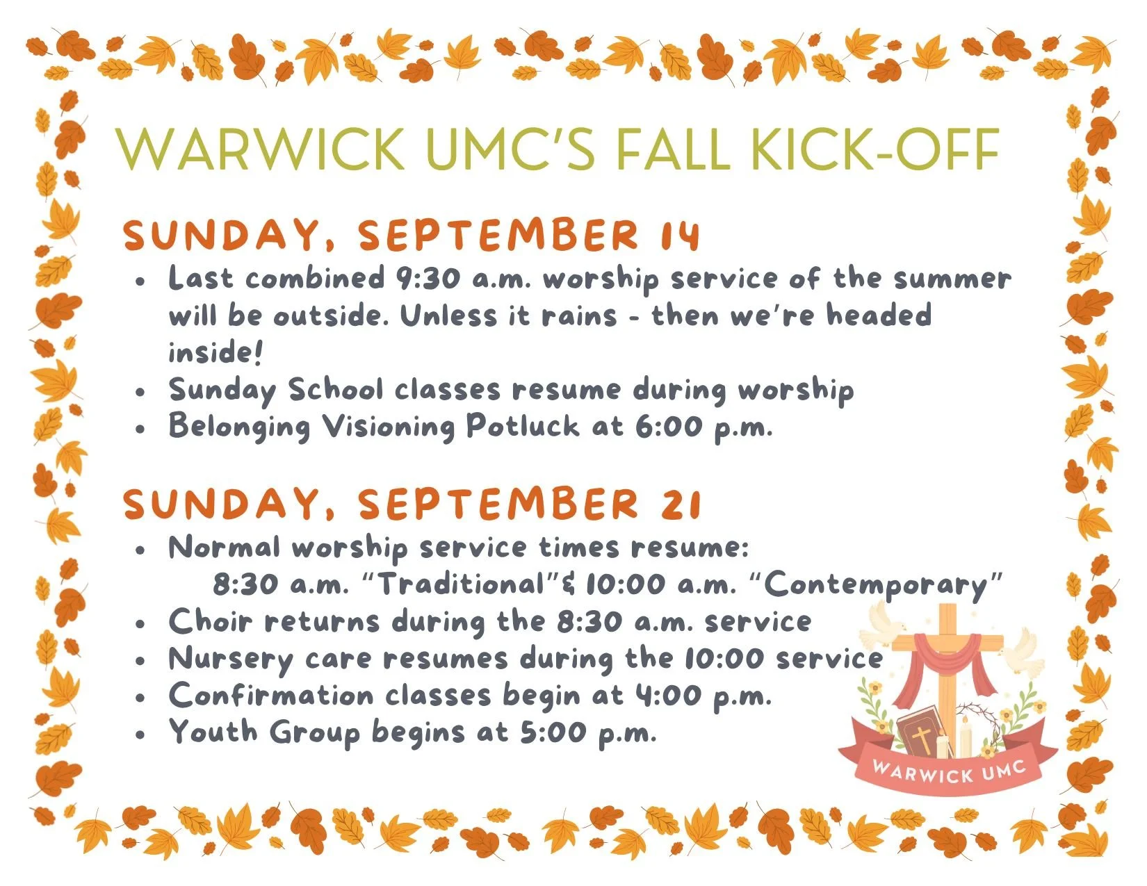 There's so much going on at Warwick UMC over the next two weeks, it's easy to lose track of everything! We hope this helps! 
Use the links below to register for Sunday School, Nursery Care and/or Youth Group.
Sunday School/Nursery: https://warwickumc