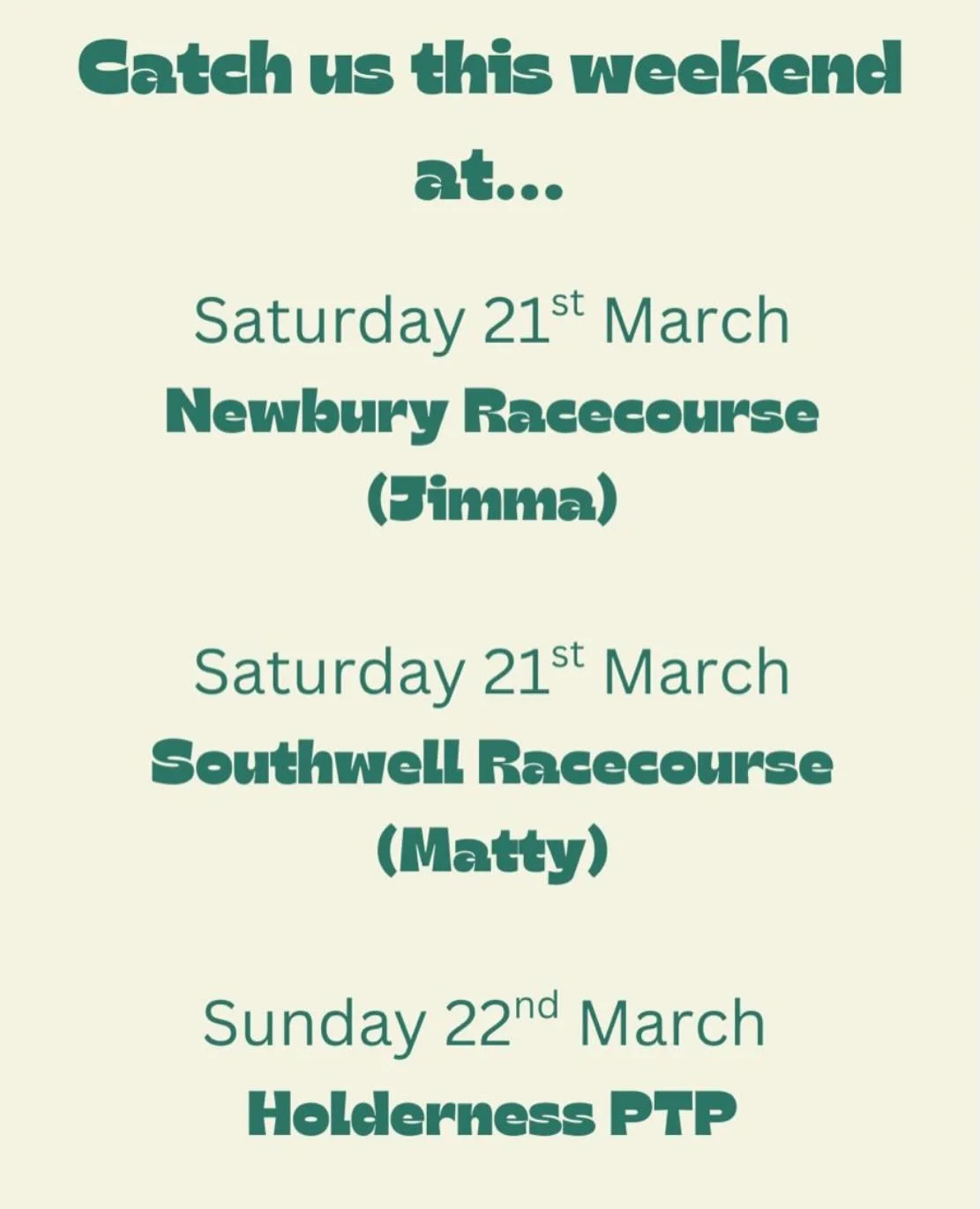 After 2 weeks off we are back this weekend and coming in hot with your raceday content live from: 

@newburyracecourse 
@southwellracecourse 
@holdernessraces 

🐎🐎🐎
