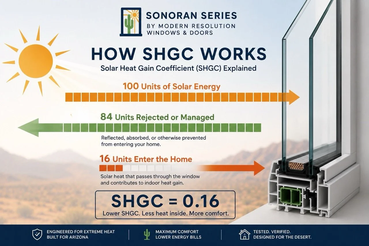 Diagram explaining how solar heat gain coefficient (SHGC) works in a house window. Shows 100 units of solar energy, 84 units rejected or managed, and 16 units that enter the home. A solar panel illustration is on the right, and icons at the bottom indicate it is engineered for extreme heat, built for Arizona, tested, verified, and designed for the desert.