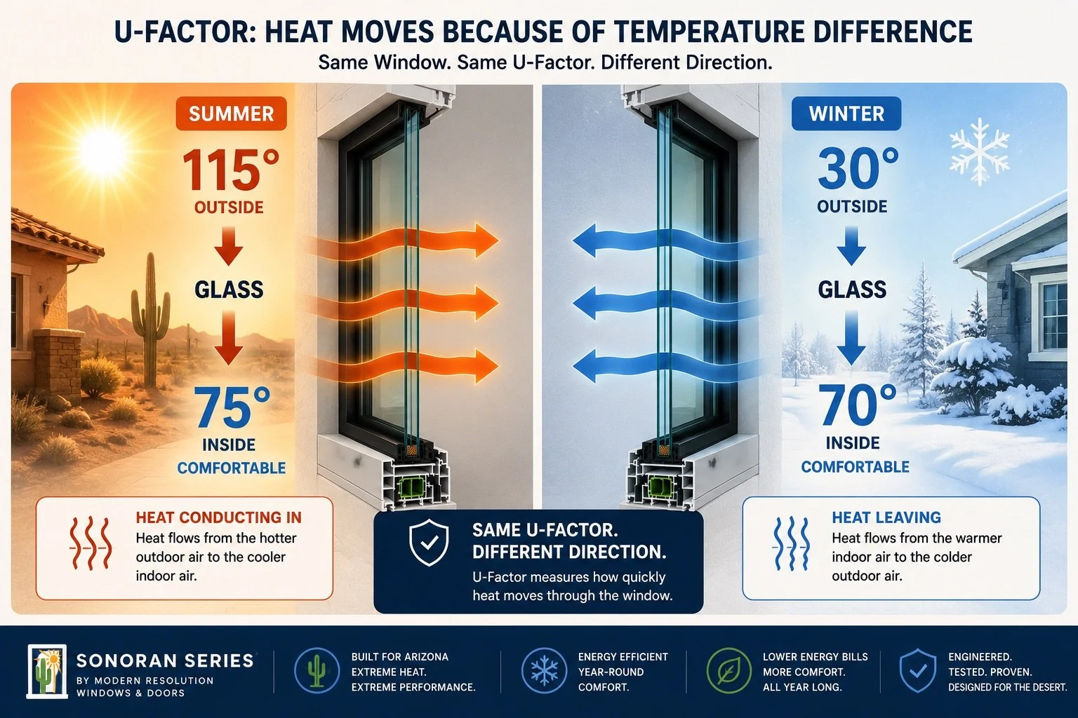 Diagram illustrating how heat moves through a window during summer and winter. On the left, in summer, heat from outside (115°F) flows into the house through the glass, making the inside warm (75°F). On the right, in winter, heat from inside (70°F) flows outside through the glass, keeping the house warm. The diagram explains the U-Factor as a measure of how quickly heat transfers through the window in different directions.