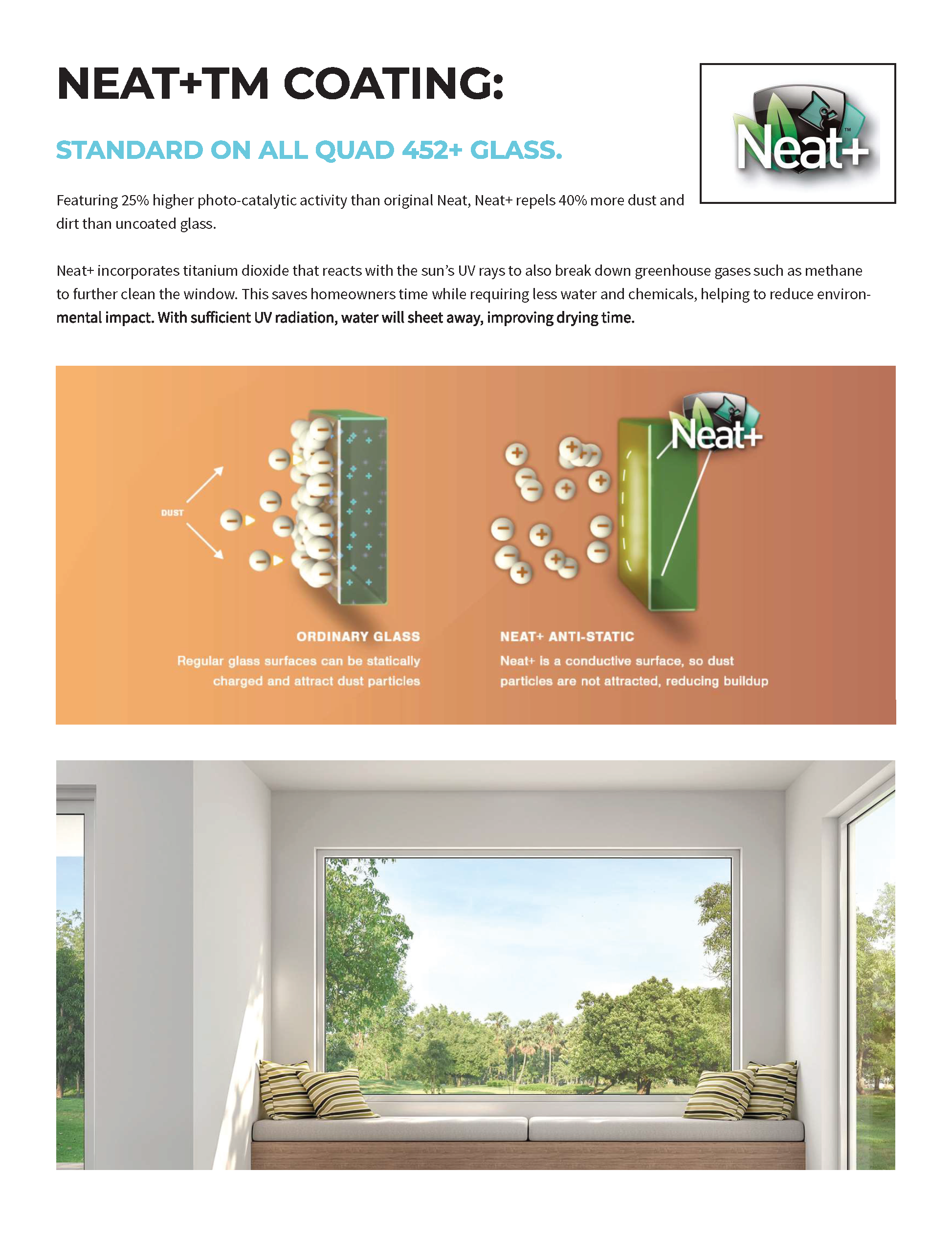 Educational infographic explaining Neat+TM coating on glass, showing comparison between ordinary glass attracting dust and Neat+ anti-static glass reducing dust buildup, next to a picture of a window seat with a large window overlooking a green landscape.