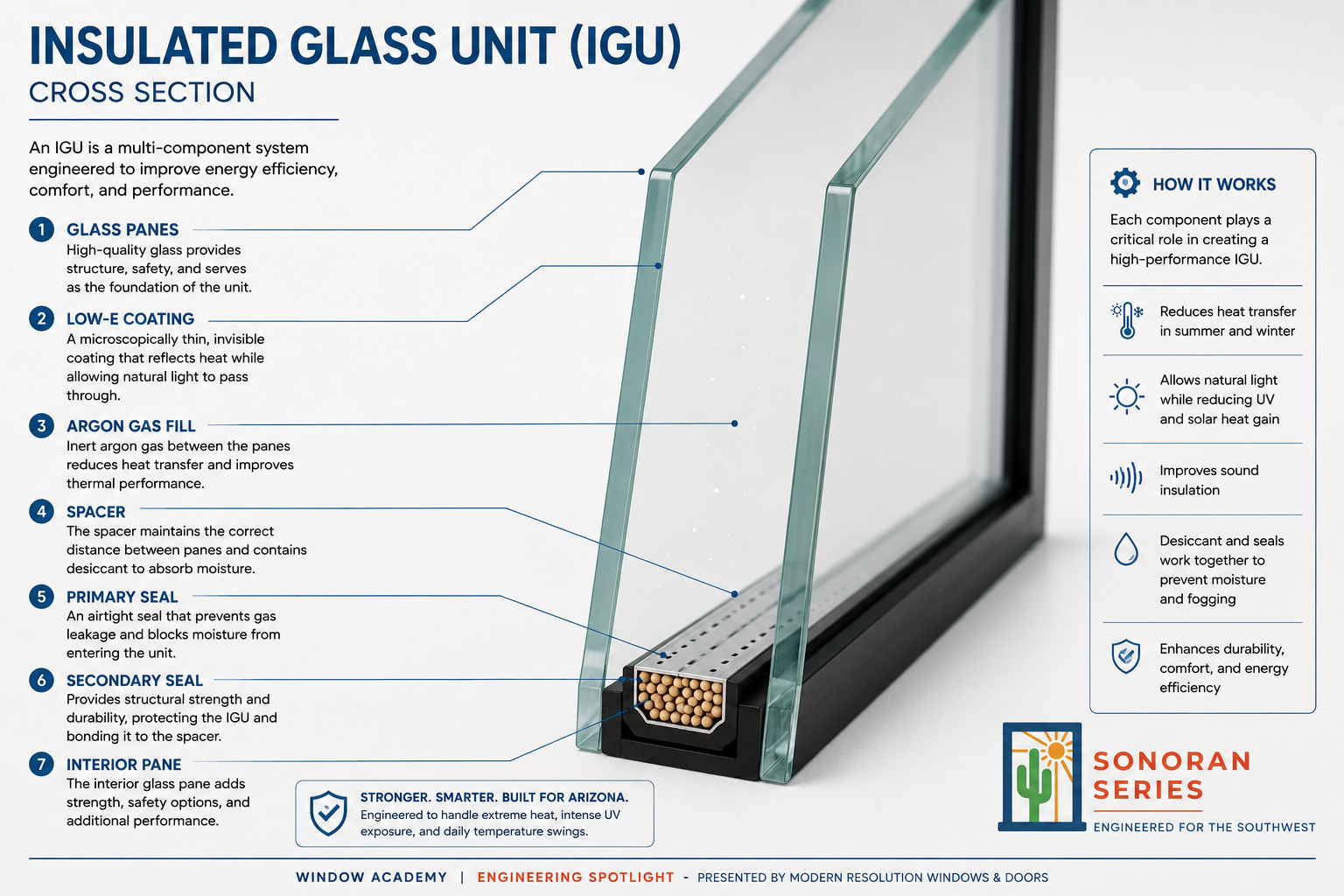 Diagram showing cross-section of an insulated glass unit (IGU), including labels for glass panes, low-e coating, argon gas fill, spacer, primary and secondary seals, and interior pane, with a section describing its functions and features.
