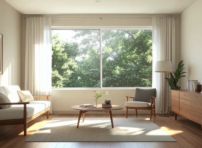 Bright living room with a large window showing green trees outside, modern wooden furniture, a sofa, an armchair, a coffee table with decorative items, a floor lamp, and a tall plant.