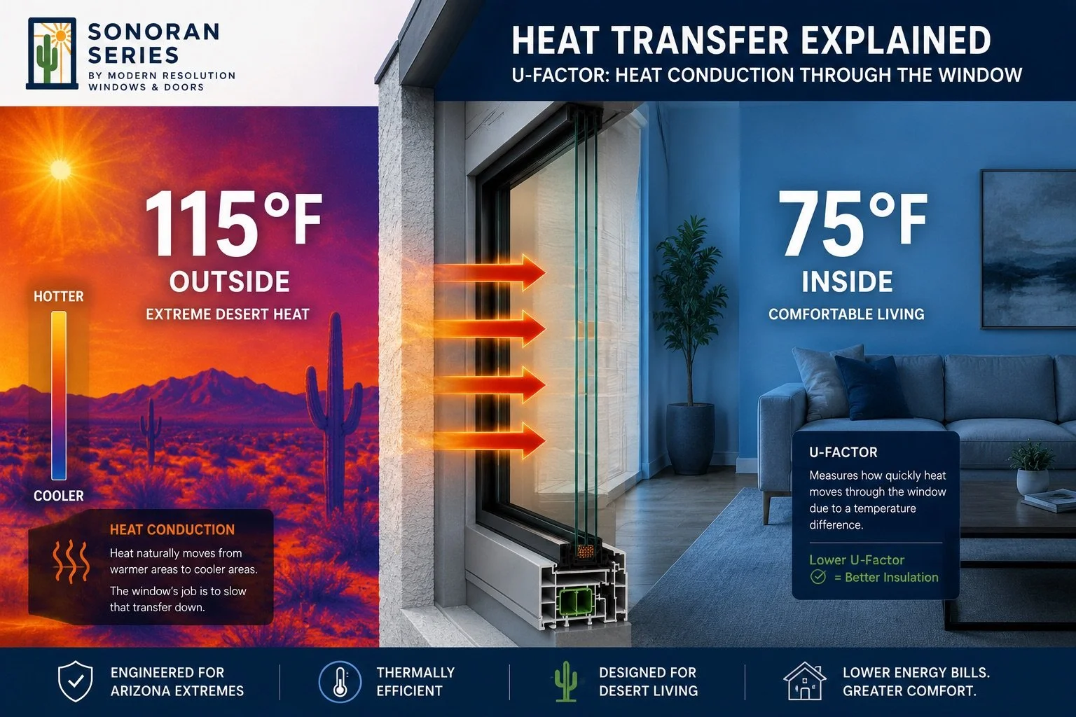 Infographic explaining heat transfer through a window, comparing outside temperatures of 115°F in the desert to inside conditions of 75°F in a living room. The infographic shows heat moving from hot to cooler areas, highlighting the U-factor measuring heat transfer rate. The image features an Arizona desert scene on the left and a modern living room on the right, with labels and icons emphasizing energy efficiency and desert living.