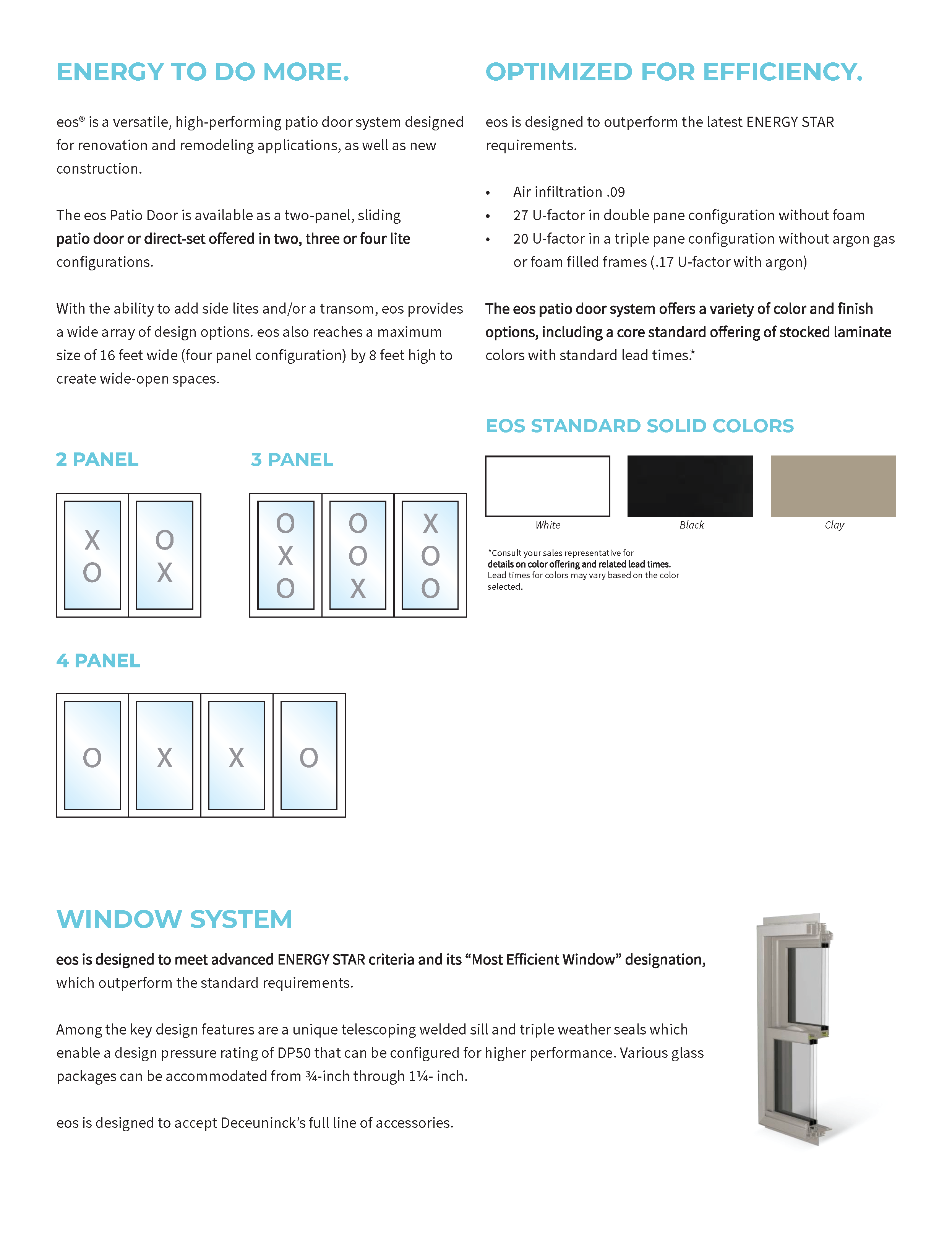 Product information sheet describing the EOS patio door system with details on energy efficiency, panel configurations, color options, and a window system, along with a small image of a window frame.