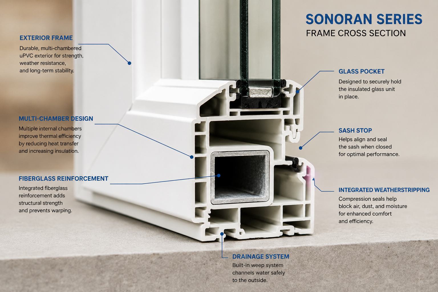 Cross-section diagram of a window frame with labels indicating various features, including exterior frame, multi-chamber design, fiberglass reinforcement, drainage system, glass pocket, sash stop, integrated weatherstripping, and other components.