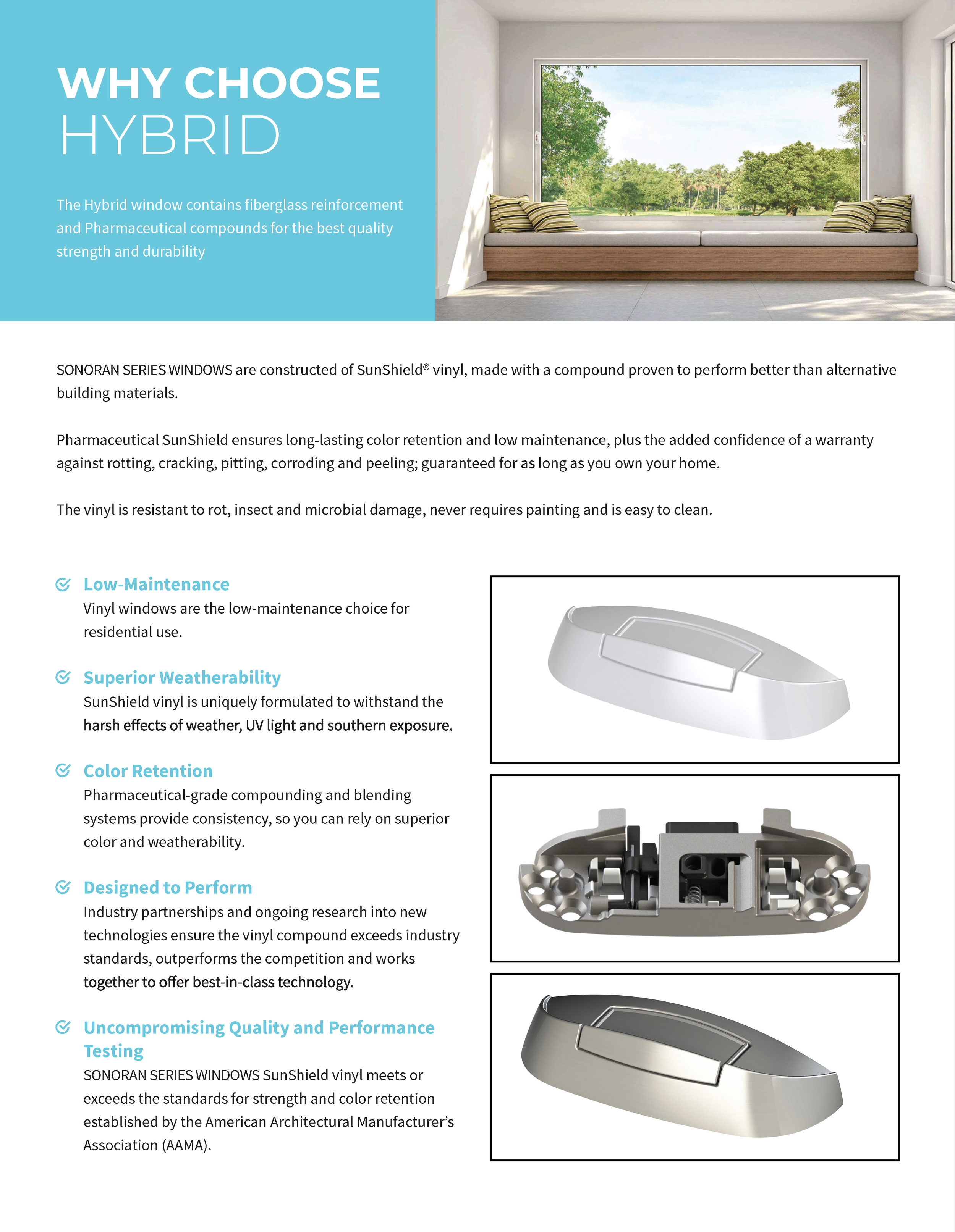 Advertisement for hybrid windows showing a large living room window with a bench seat, featuring text highlighting the benefits of hybrid windows such as durability, low maintenance, weather resistance, color retention, and quality testing. The ad includes images of the window hardware components.