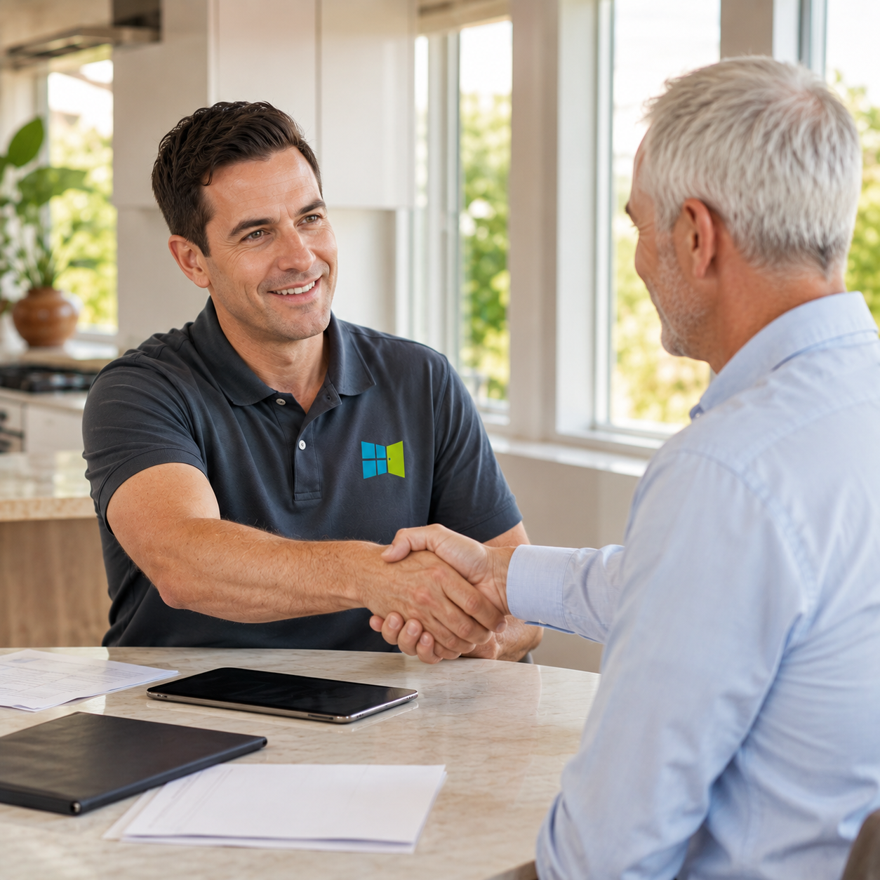 Two men shaking hands at a business meeting in a bright, modern kitchen with large windows and greenery outside.