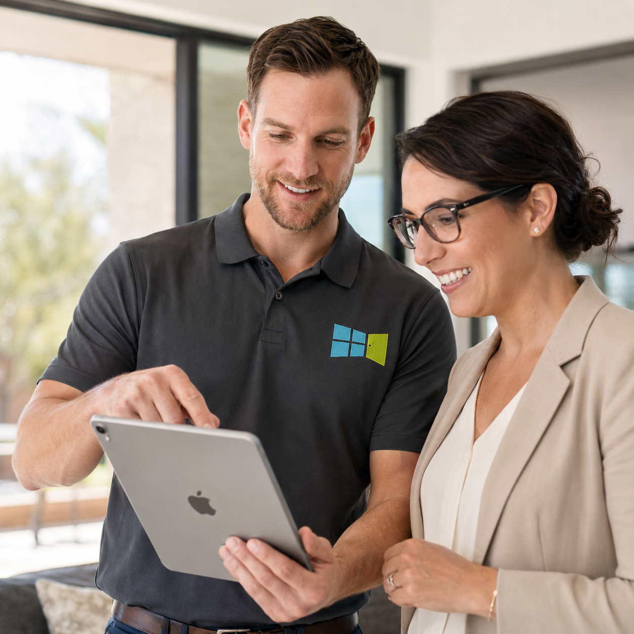 A man and a woman looking at a tablet together in an indoor space, both smiling. The man is wearing a black polo shirt with a logo, and the woman is wearing glasses and a beige blazer.