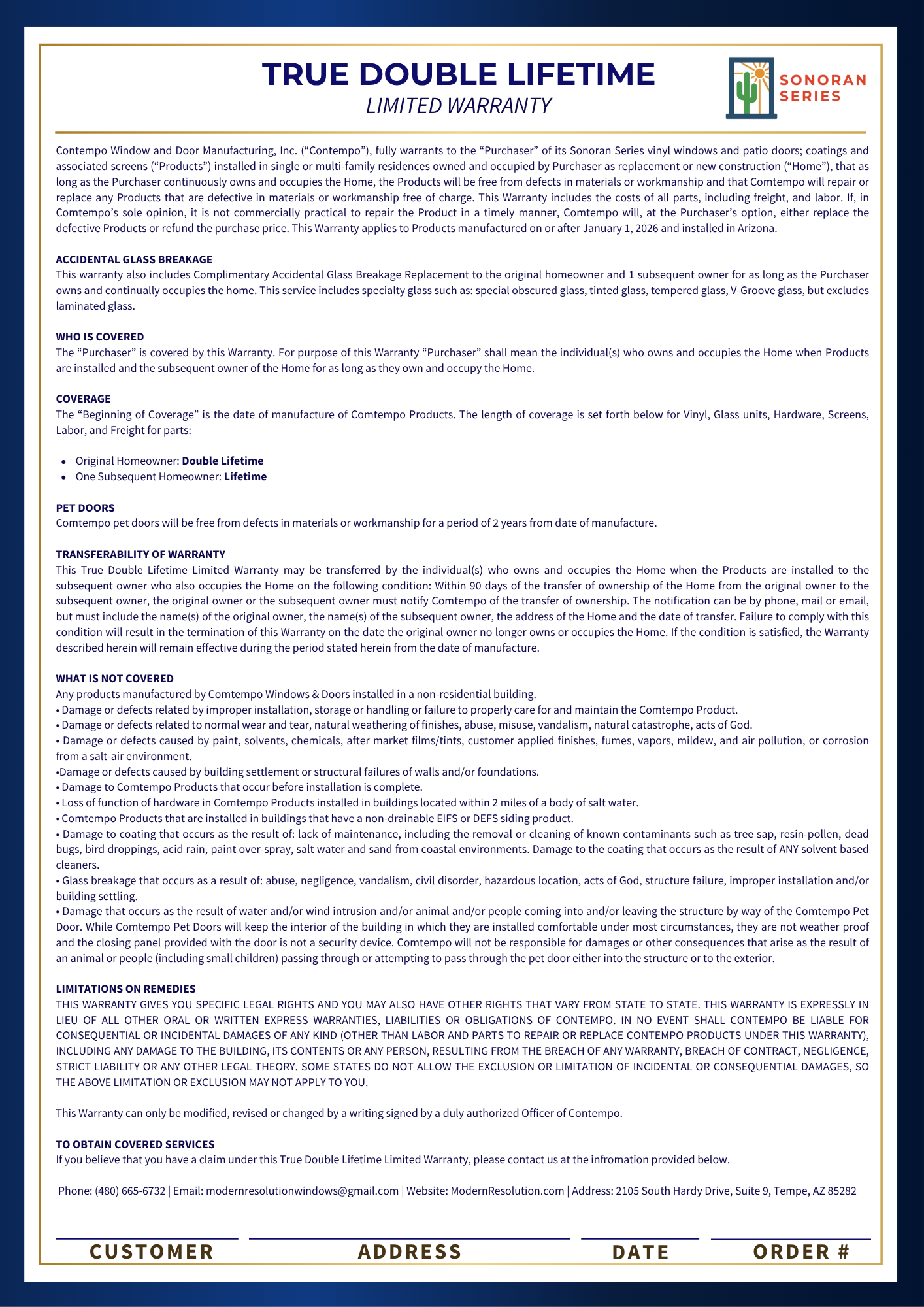 A warranty document titled "True Double Lifetime Limited Warranty" issued by Contempo Window and Door Manufacturing, Inc. It details warranty terms, coverage, exclusions, and contact information, with sections for customer, address, date, and order number at the bottom.