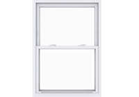 A white double-hung window with two panes, set in a white frame.