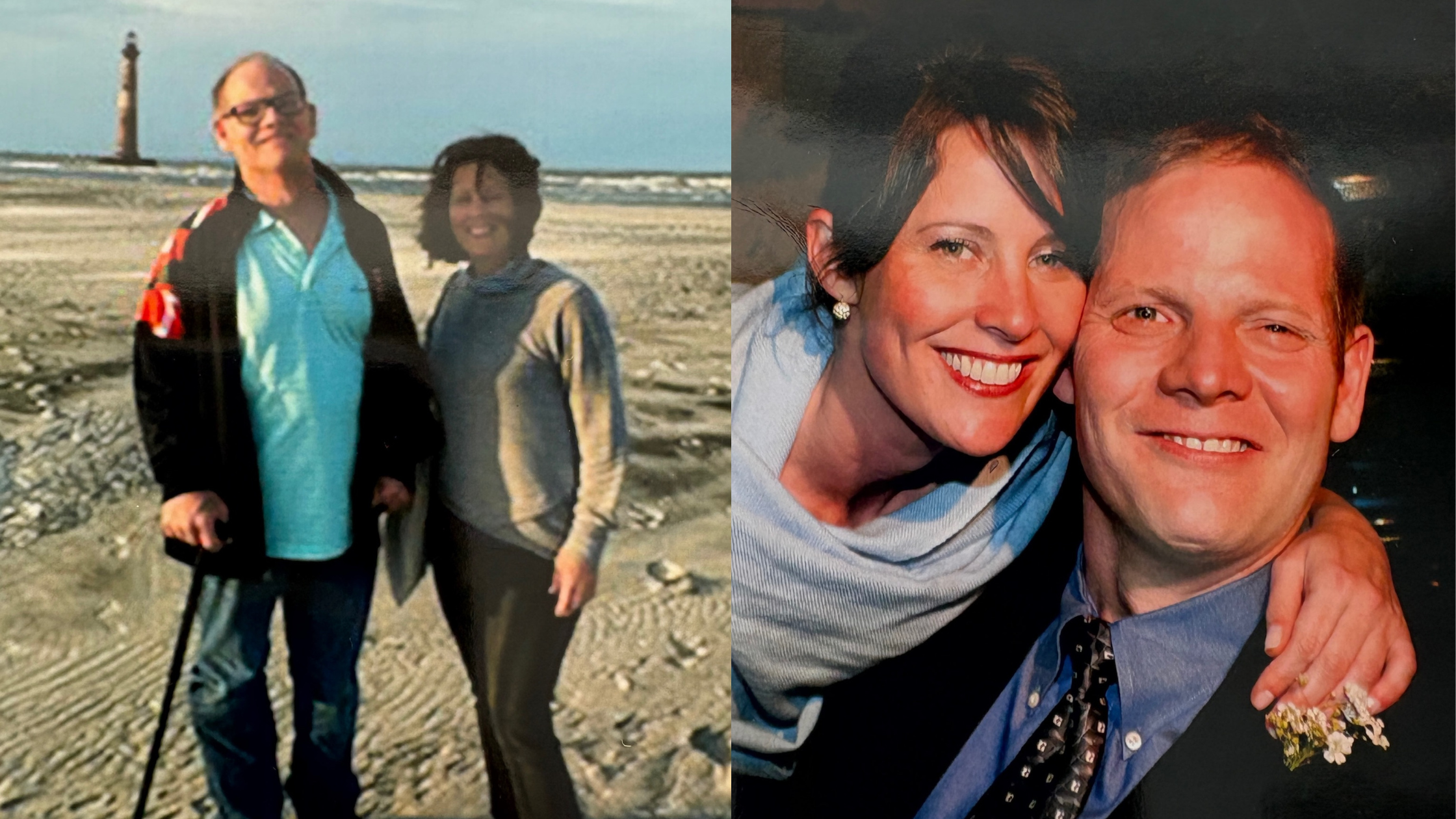 Side-by-side photos of Ann and her brother Paul as adults, including a beach photo with a lighthouse and a close-up from a formal event.