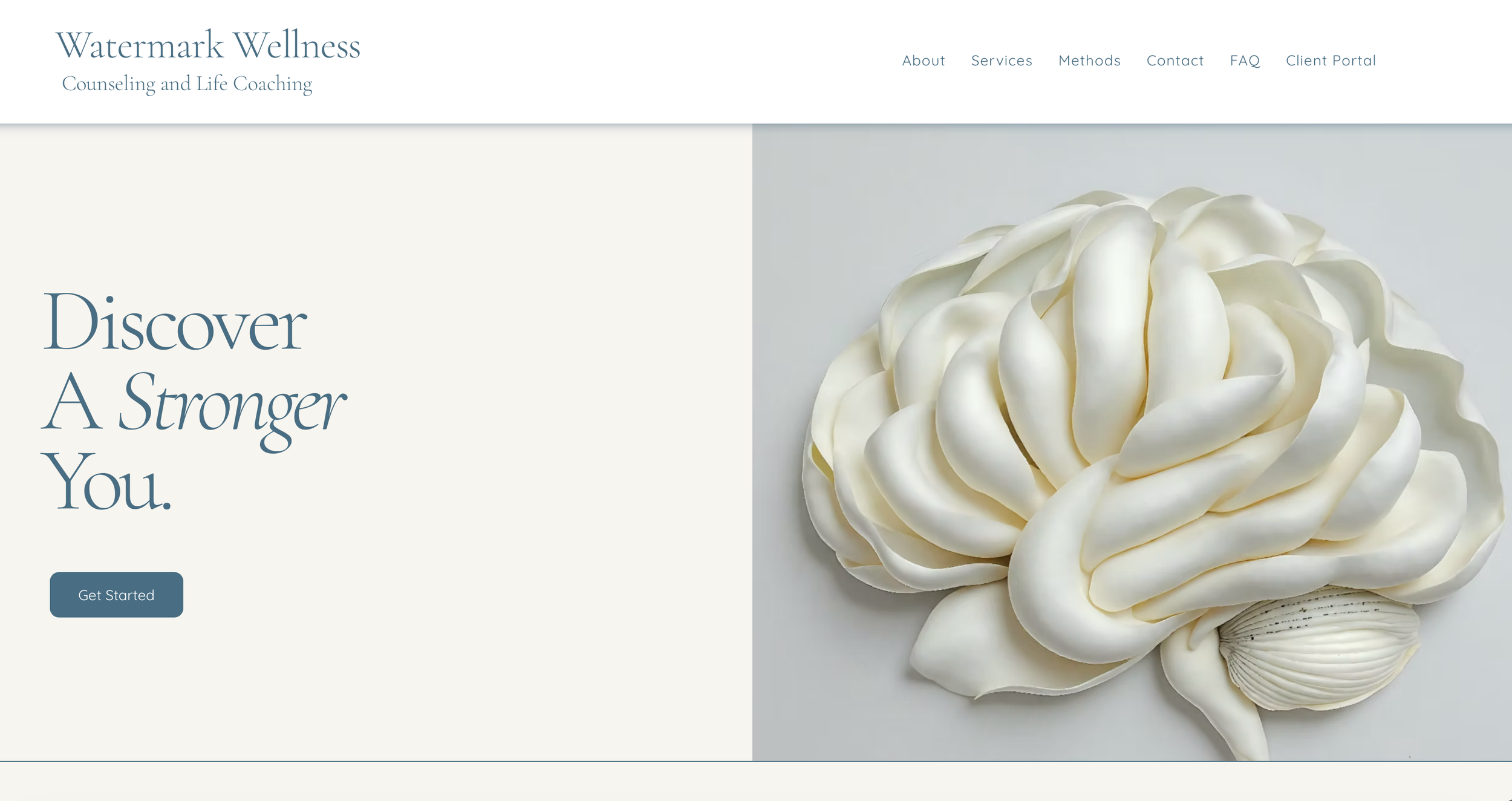 Watermark Wellness front page with white flower that resembles the shape of a brain