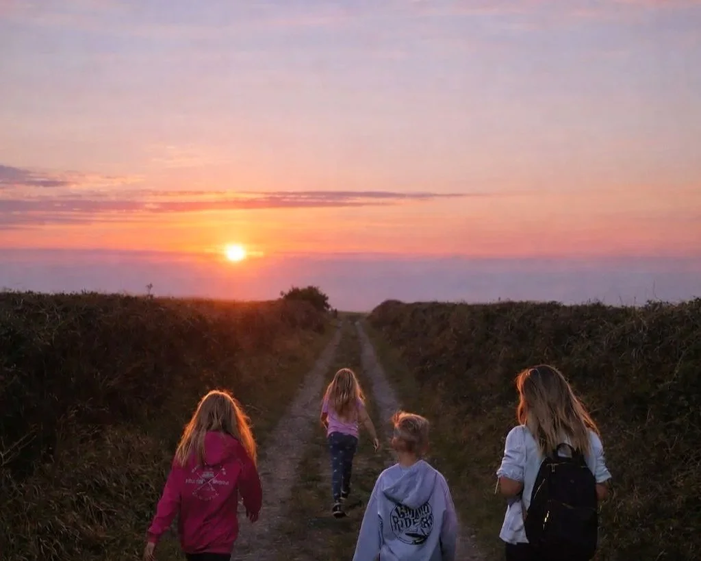 Four children walking along a dirt trail through a rural landscape at sunset, with pink and orange hues in the sky and hedges on either side of the path.