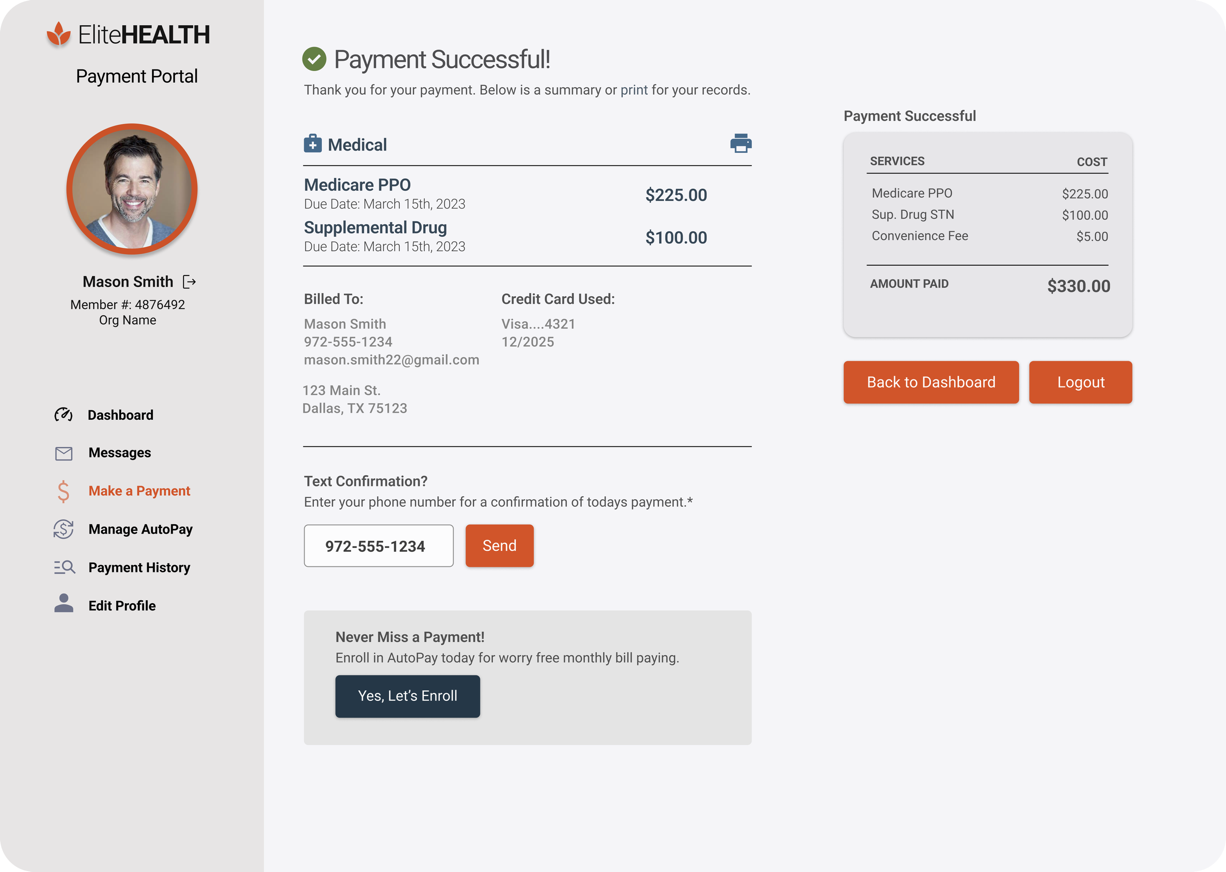 Health care portal checkout "Success" example