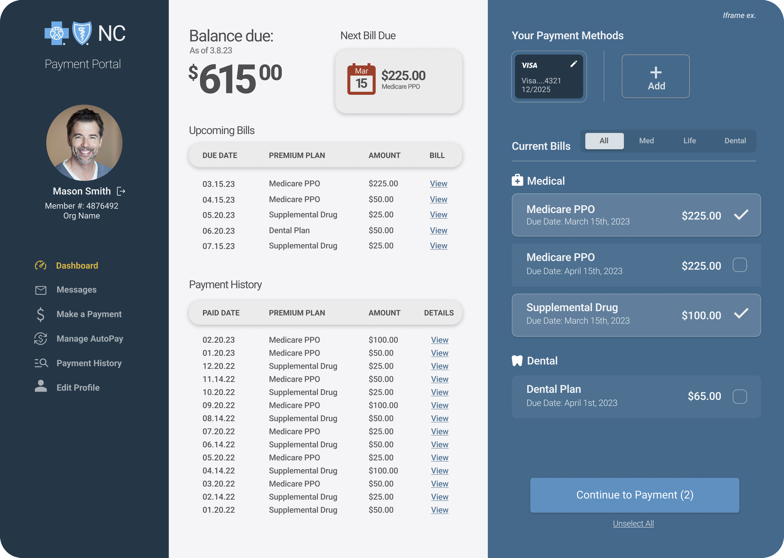 BCBS of NC ~ Customer Billing History and joint medical, dental vision payment options
