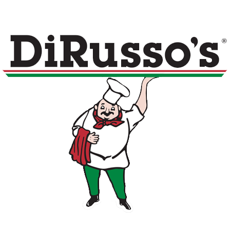 The logo for DiRUSSO'S featuring a cartoon chef holding a red towel and wearing a chef's hat, with the word DiRUSSO'S above.