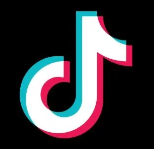 TikTok logo with white musical note and pink and blue outlines on black background.