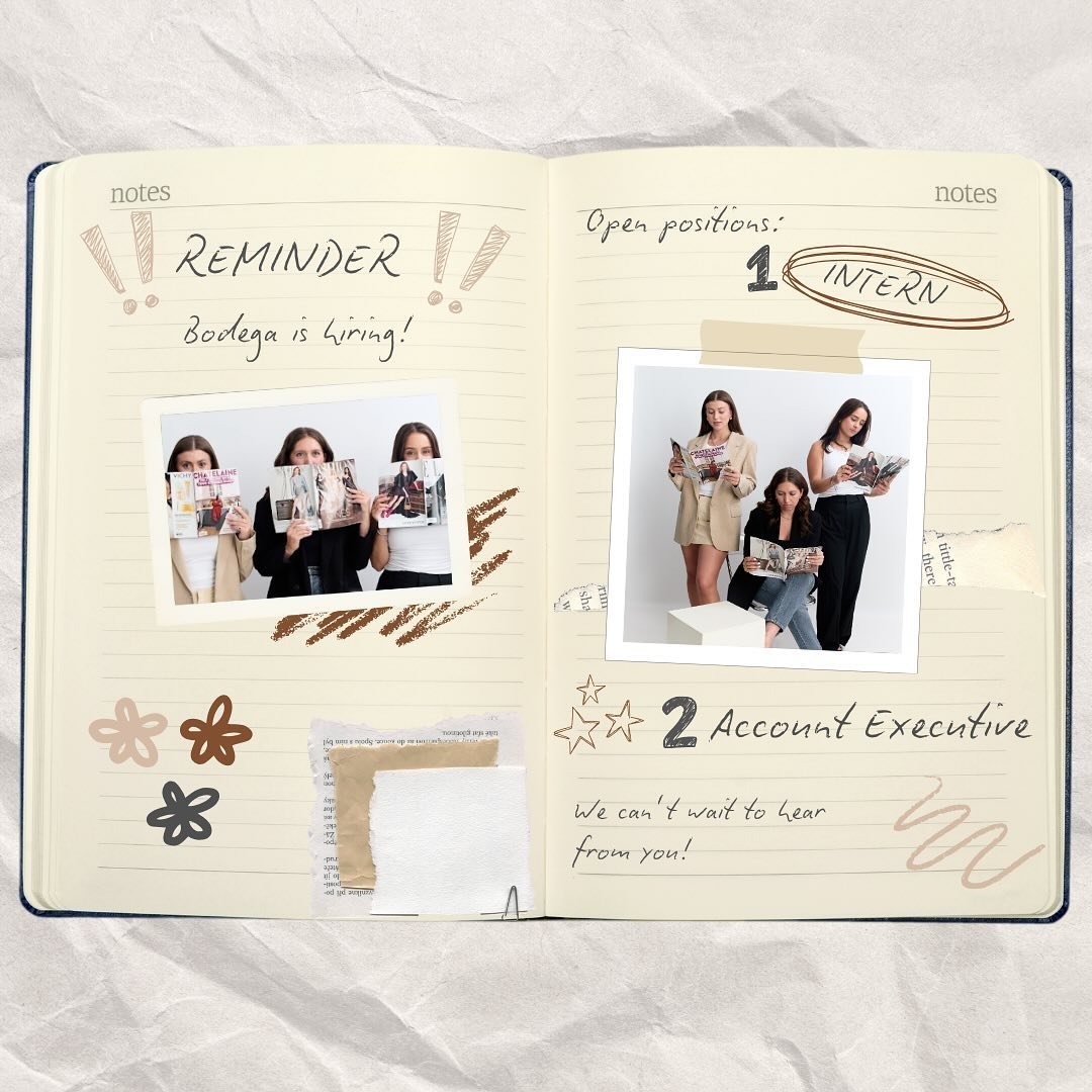 On today&rsquo;s agenda: Break into PR with Bodega📝

We are currently seeking an Intern and Account Exective to join our team!

Click the link in our bio to learn more and share you resumes to careers@bodegapr.ca