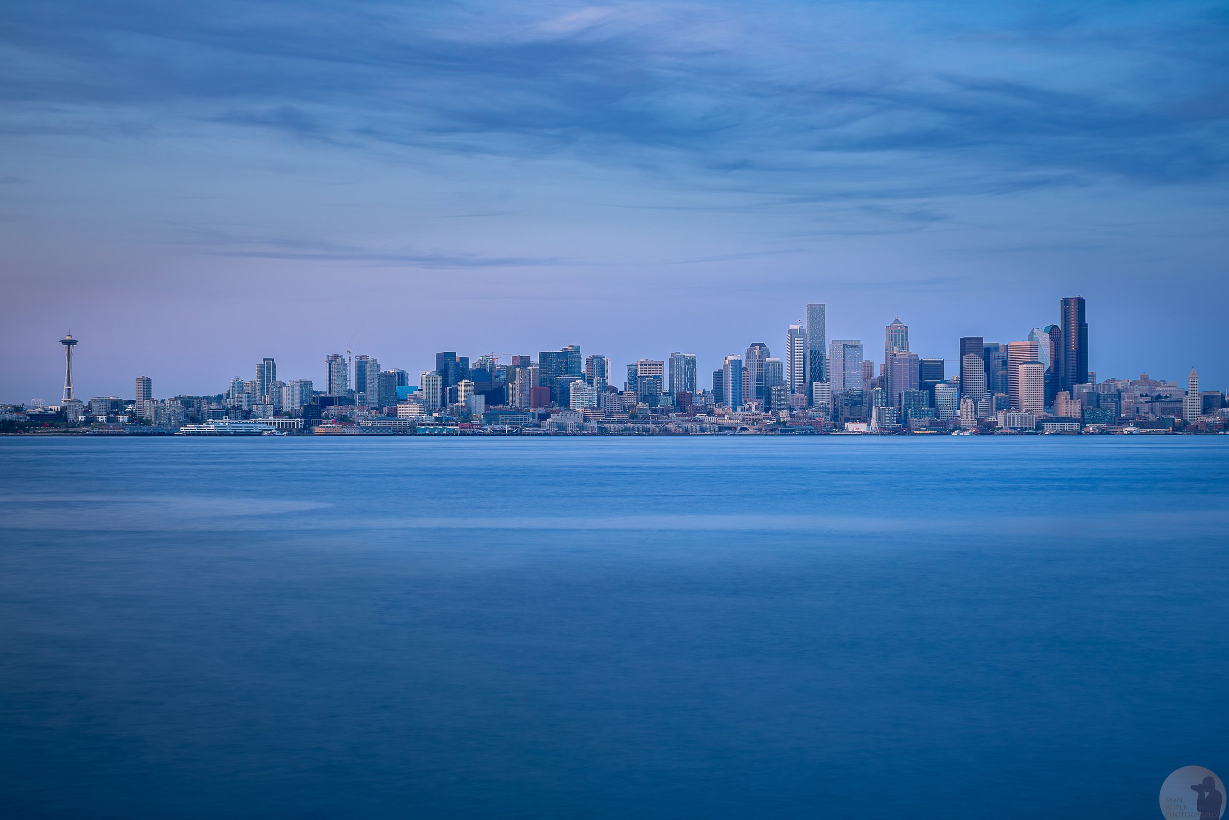 Seattle skyline from Elliott Bay at blue hour