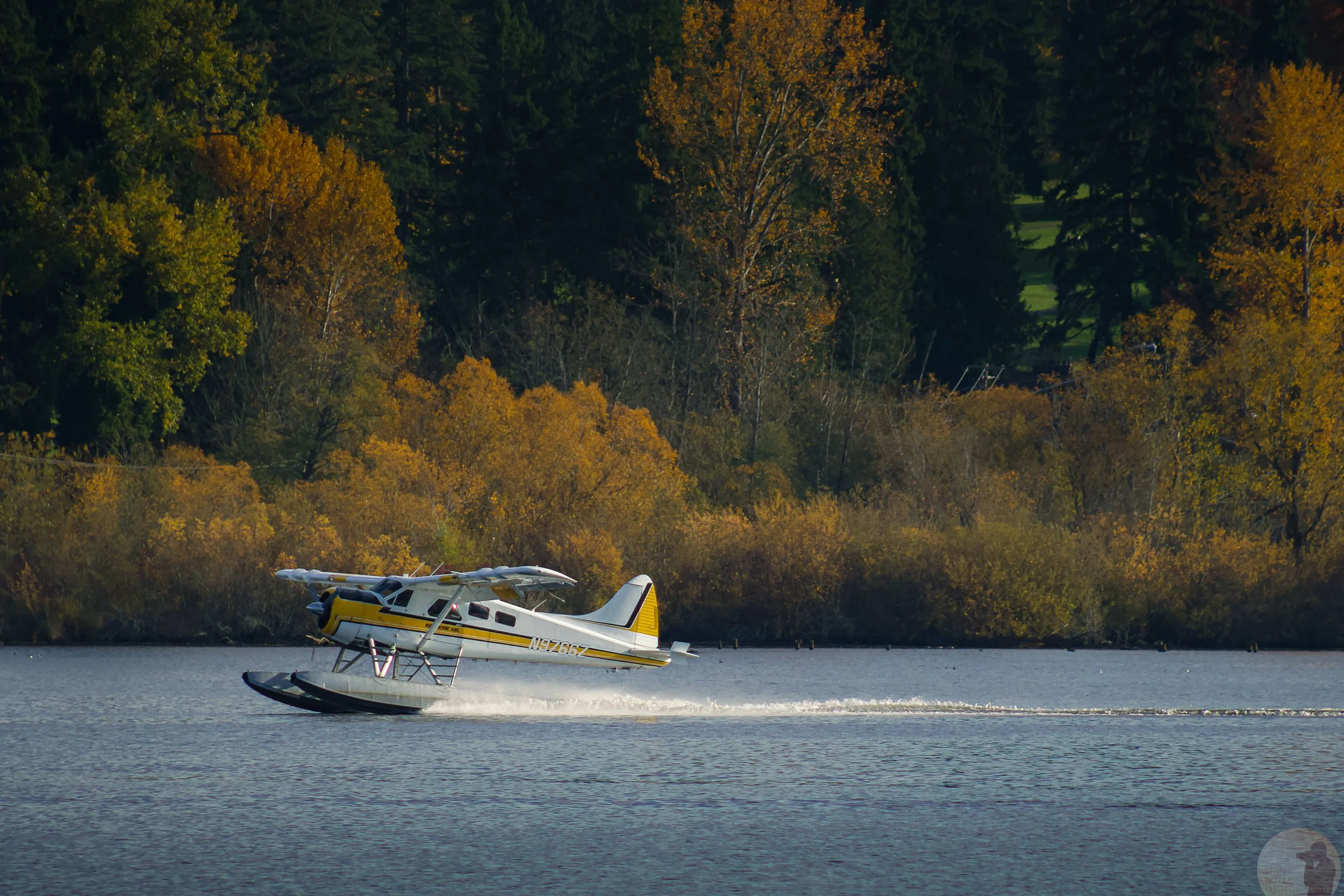 Kenmore Air airplane lands on Lake Washington
