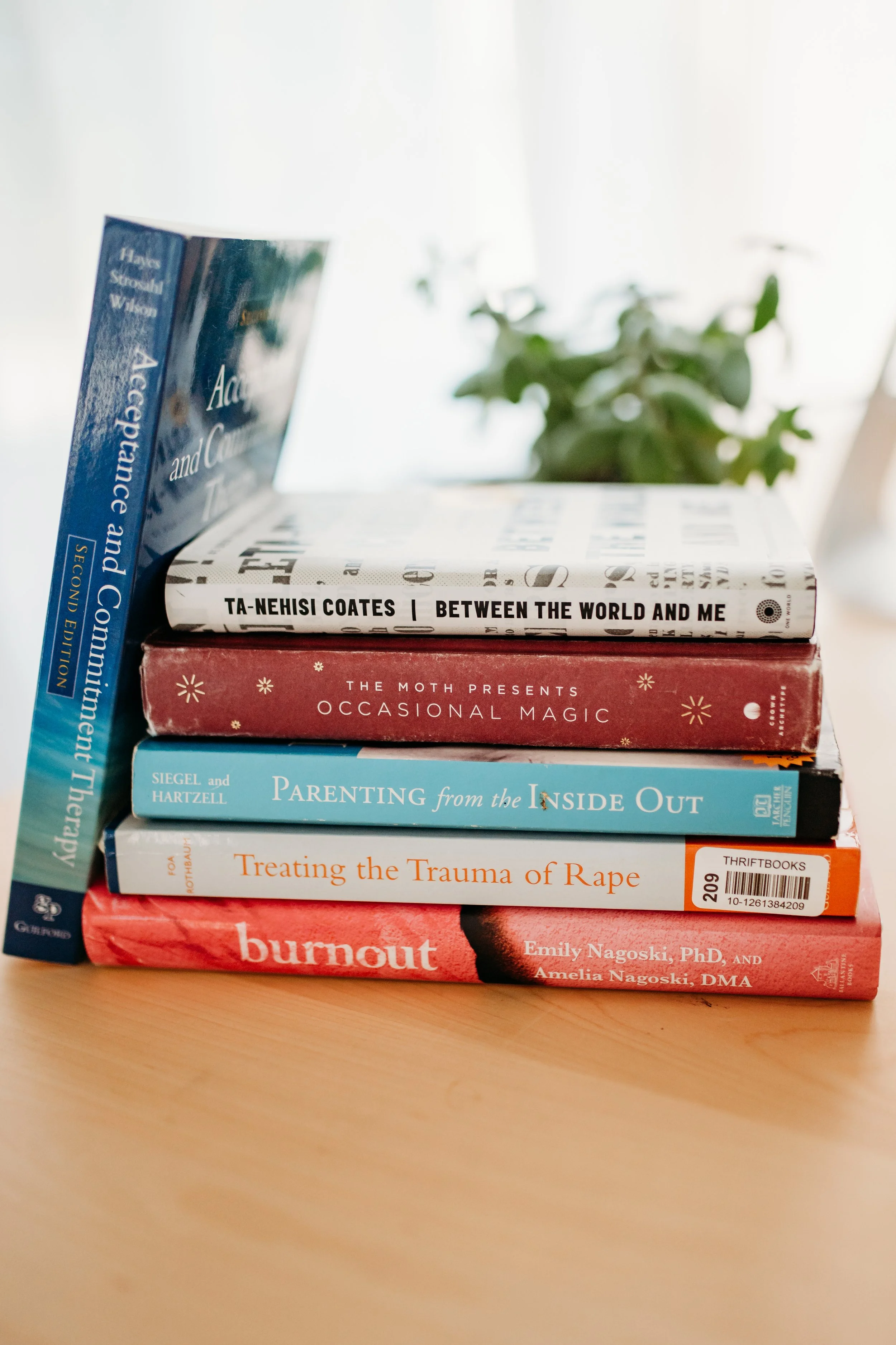 Stack of five books on a wooden table with a blurred plant in the background.