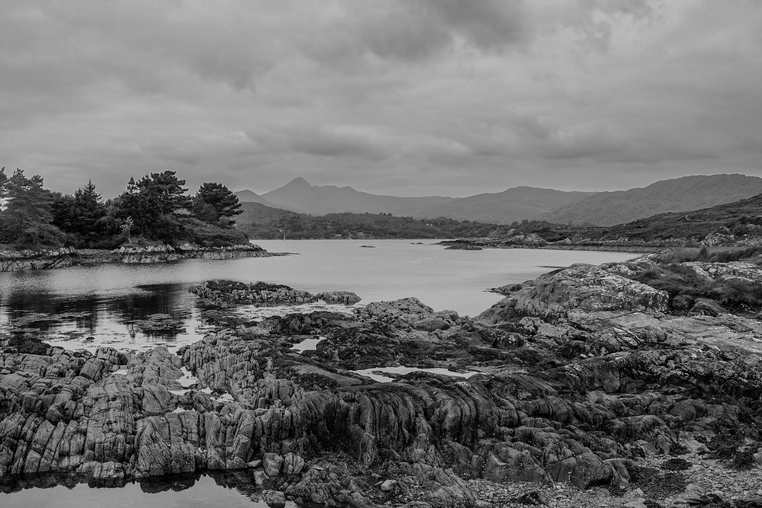 A black and white landscape of a rocky shoreline by a calm body of water with trees on the left, mountains in the background, and a cloudy sky overhead.