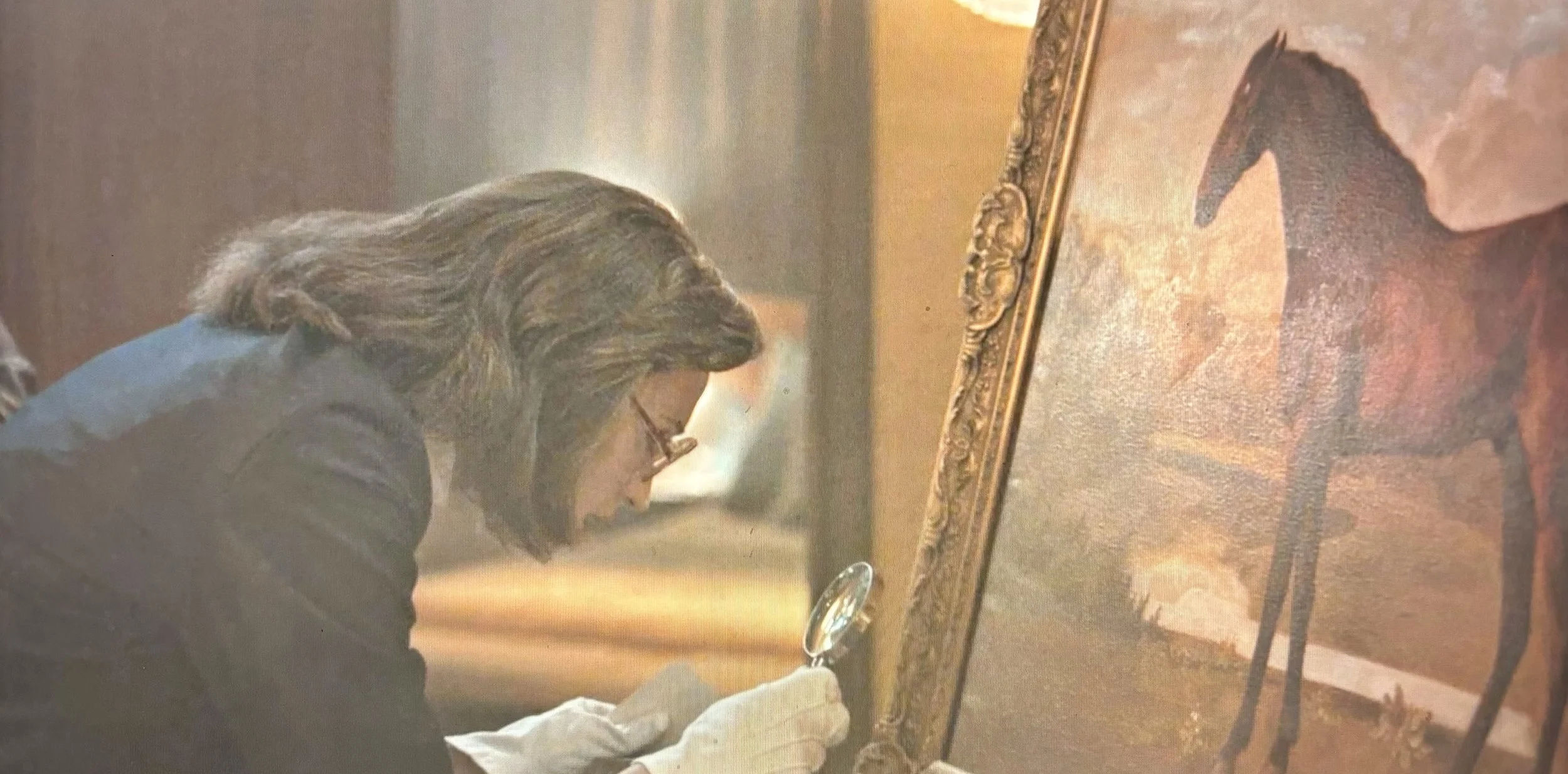 A woman with shoulder-length brown hair and glasses examining a framed painting of a giraffe with a magnifying glass in a art gallery or museum.