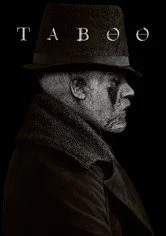 Side profile of a man wearing a black hat with the word 'TABOO' written on it, and a dark coat, in black and white.