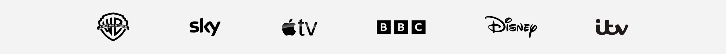 Logos of Warner Bros., Sky, Apple TV, BBC, Disney, and ITV streaming services.