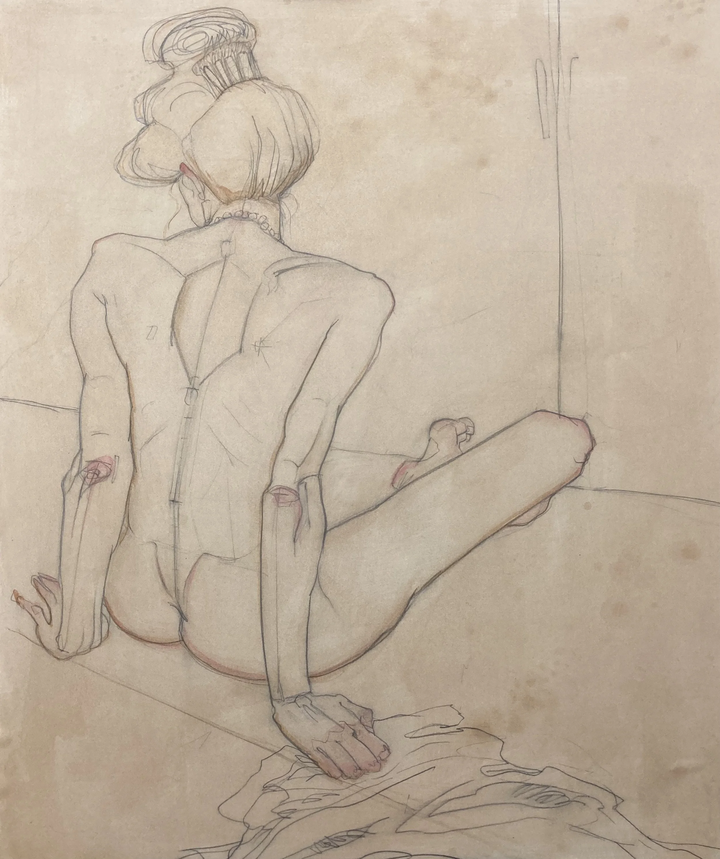 A sketch of a nude woman with her back facing the viewer, sitting on a surface with her legs extended, arms supporting her, and her head turned to the side. She has styled hair and is wearing a necklace.