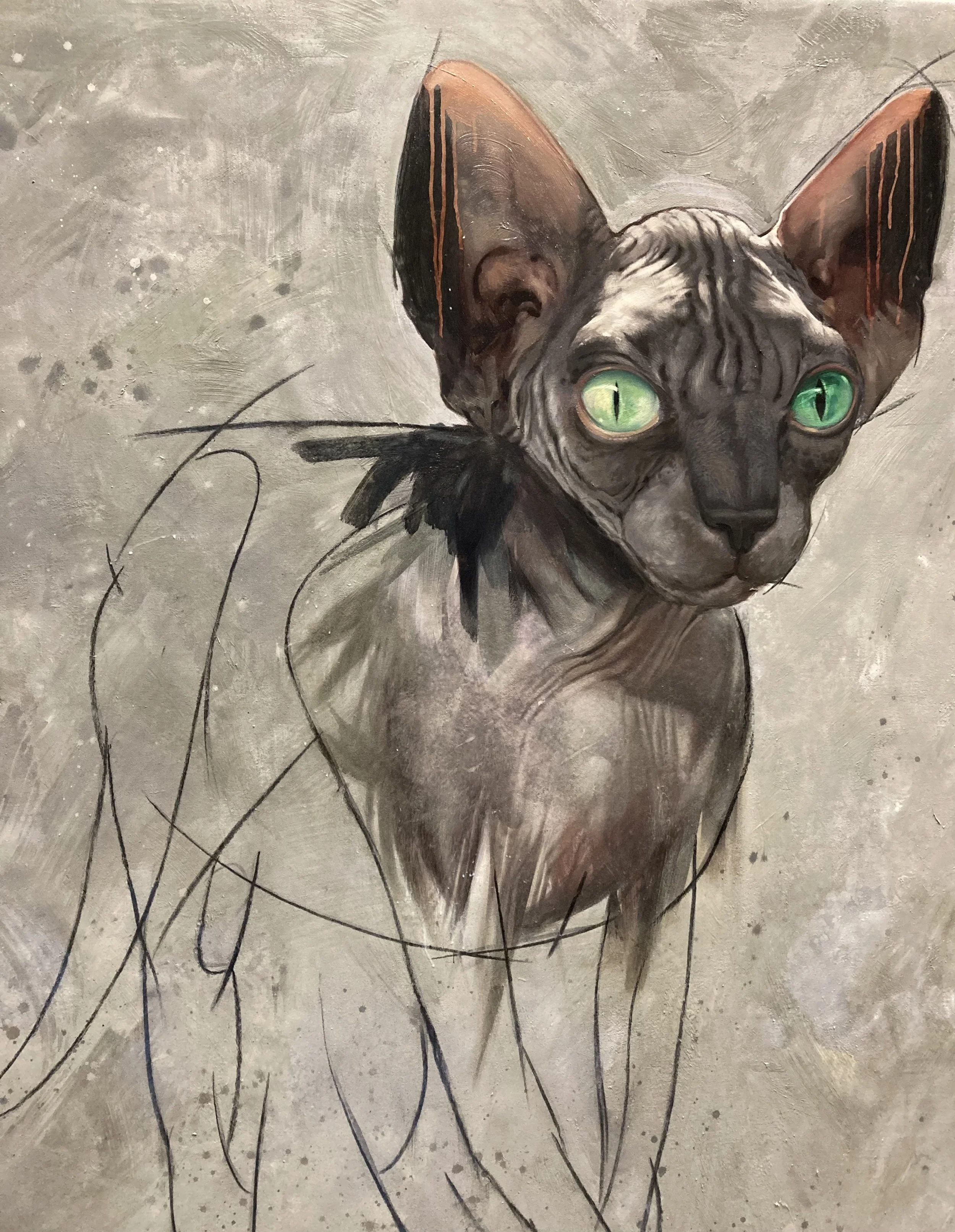 Painting of a Sphynx cat with green eyes, large ears, and a black feathered collar, on a textured gray background.