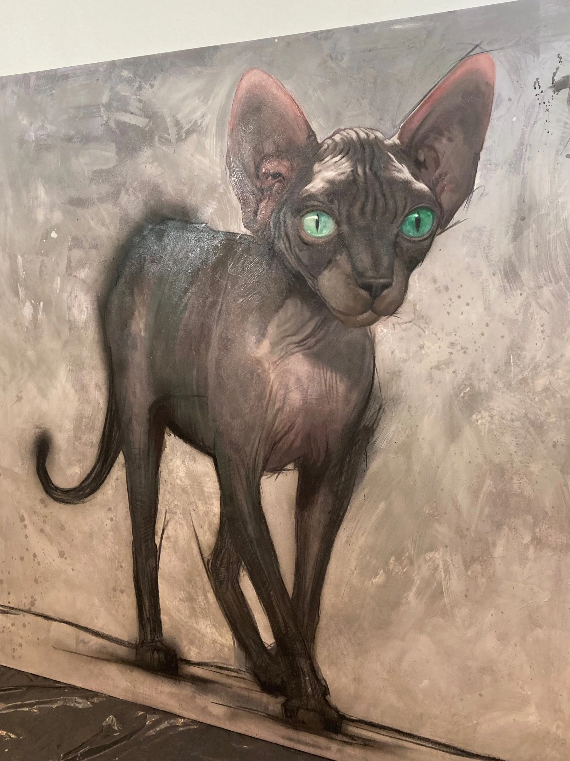A painting of a Sphynx cat with gray skin tones and bright green eyes, leaning against a textured background.