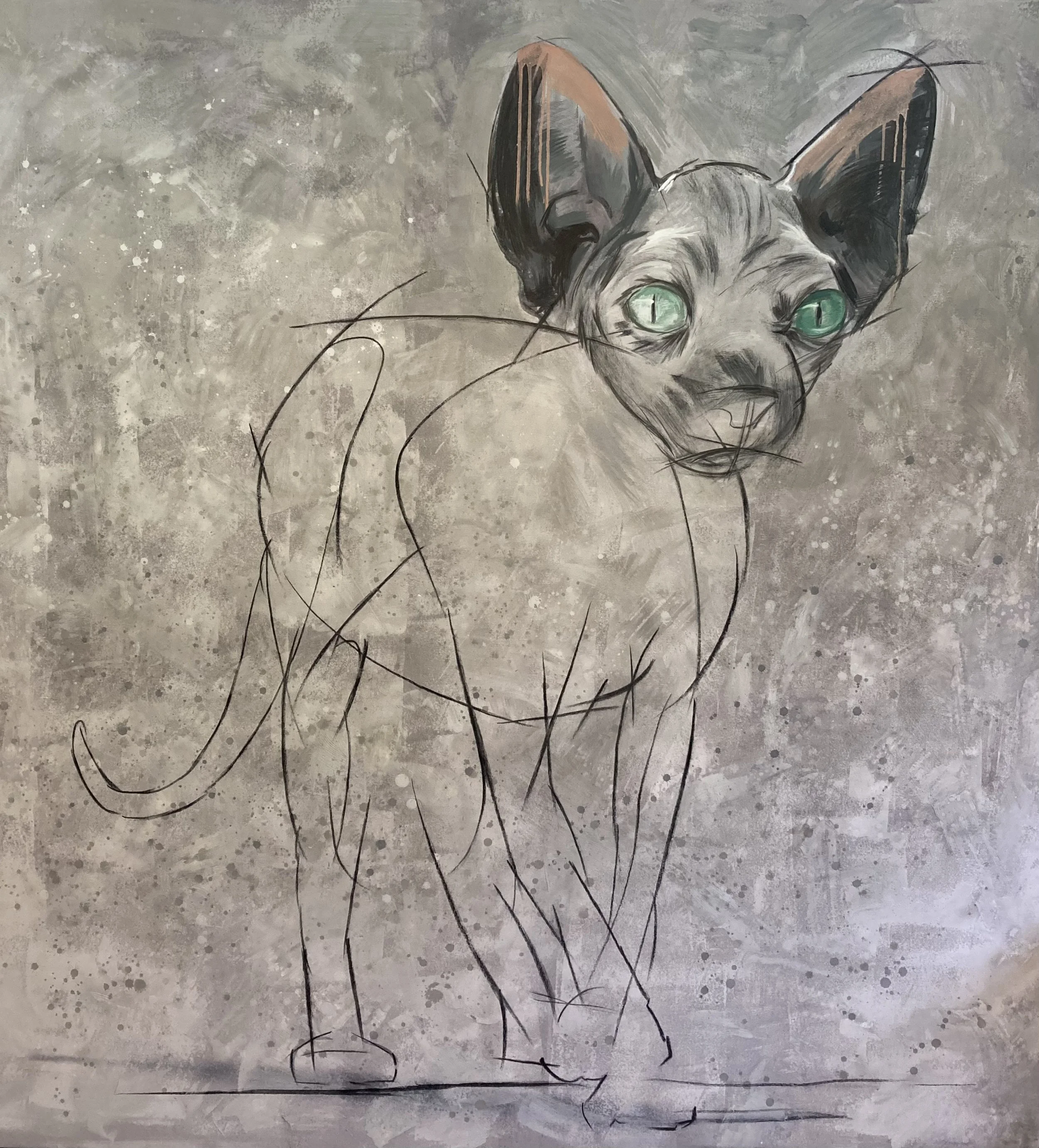 A mixed media art piece combining a realistic painting of a cat's face with abstract sketch lines forming its body against a textured gray background.