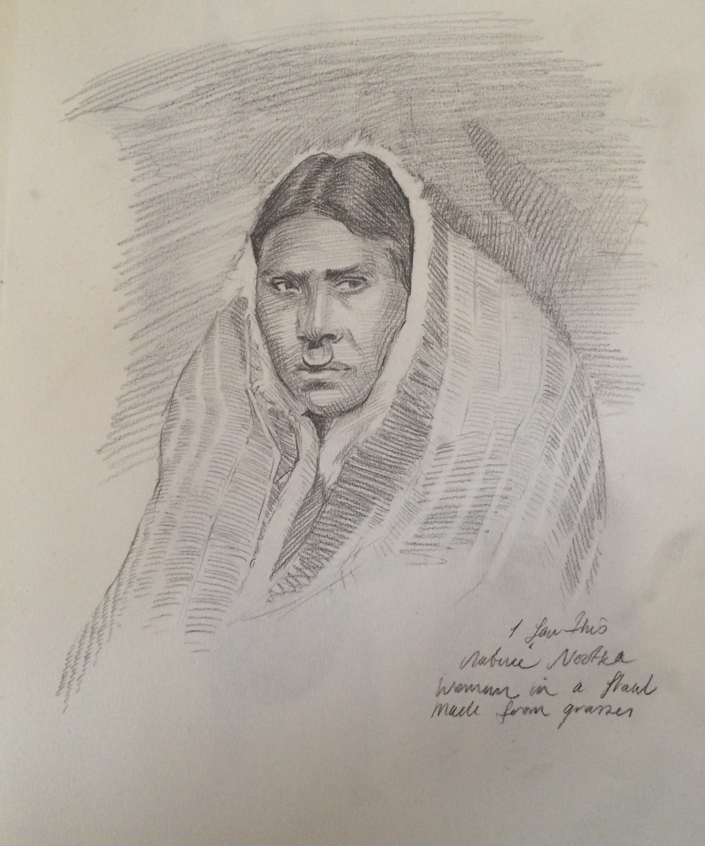 Pencil sketch of a woman with a serious expression wrapped in a blanket with text that reads 'I am the nature mother, woman in a threat made from grazers'.