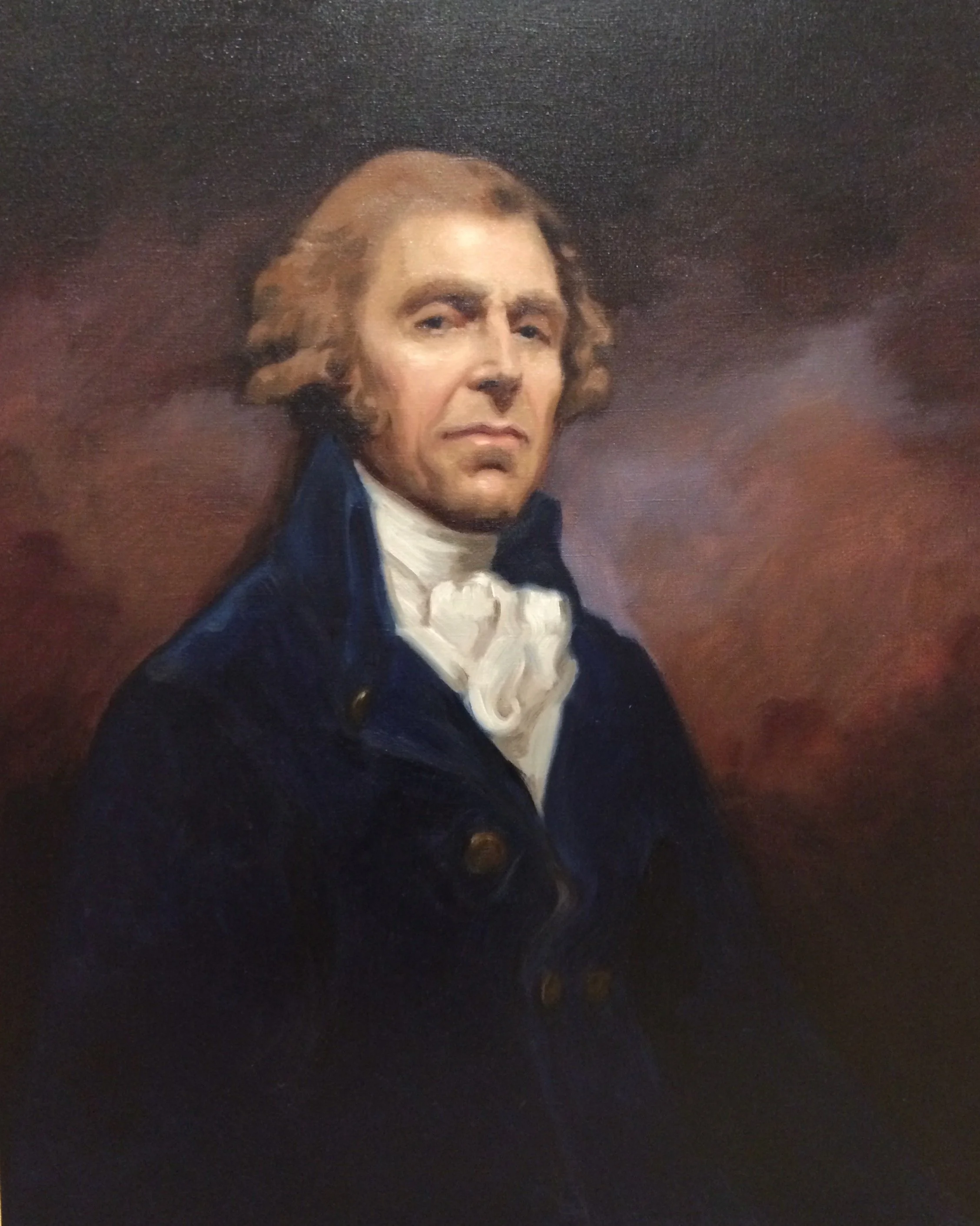 Painting of a man with shoulder-length hair wearing a dark coat and white cravat against a dark background.
