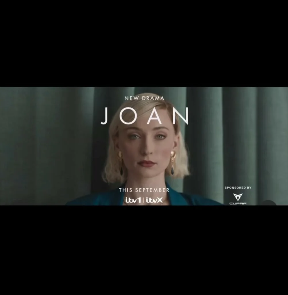 Promotional image for a new drama series titled "Joan" featuring a woman with short blonde hair, wearing a blue outfit and gold earrings, with text indicating it premiers in September on ITV1 and ITVX, sponsored by CUPRA.