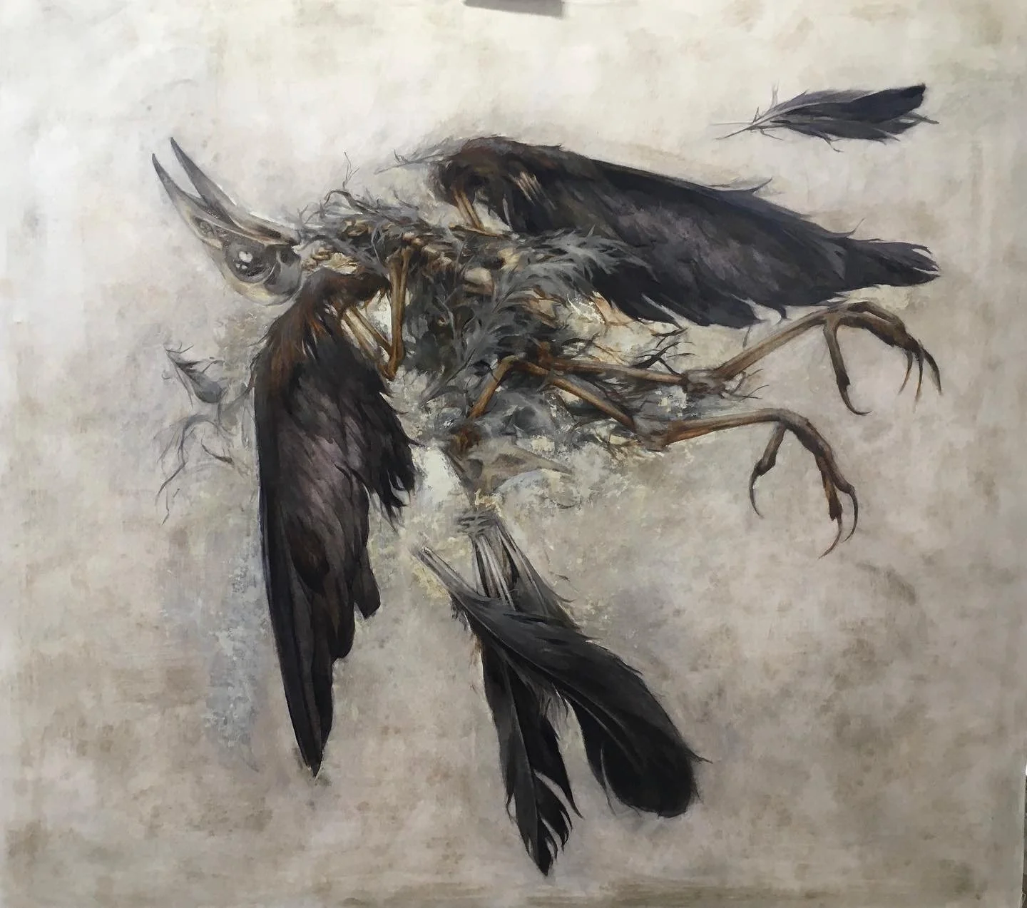 A painting of a bird skeleton with black feathers and some loose feathers around it.
