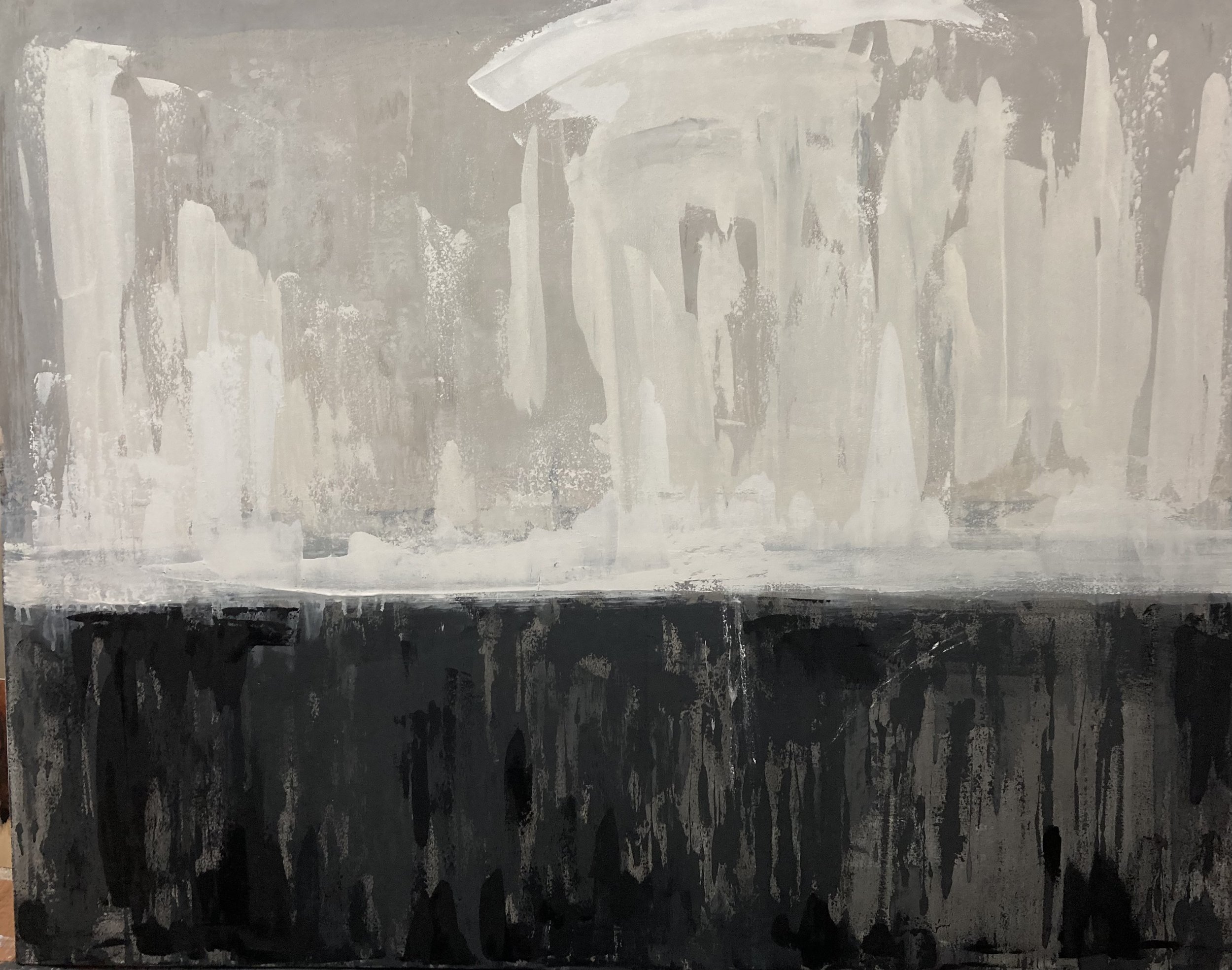 Abstract painting with shades of white, gray, and black, featuring vertical brushstrokes and drips.