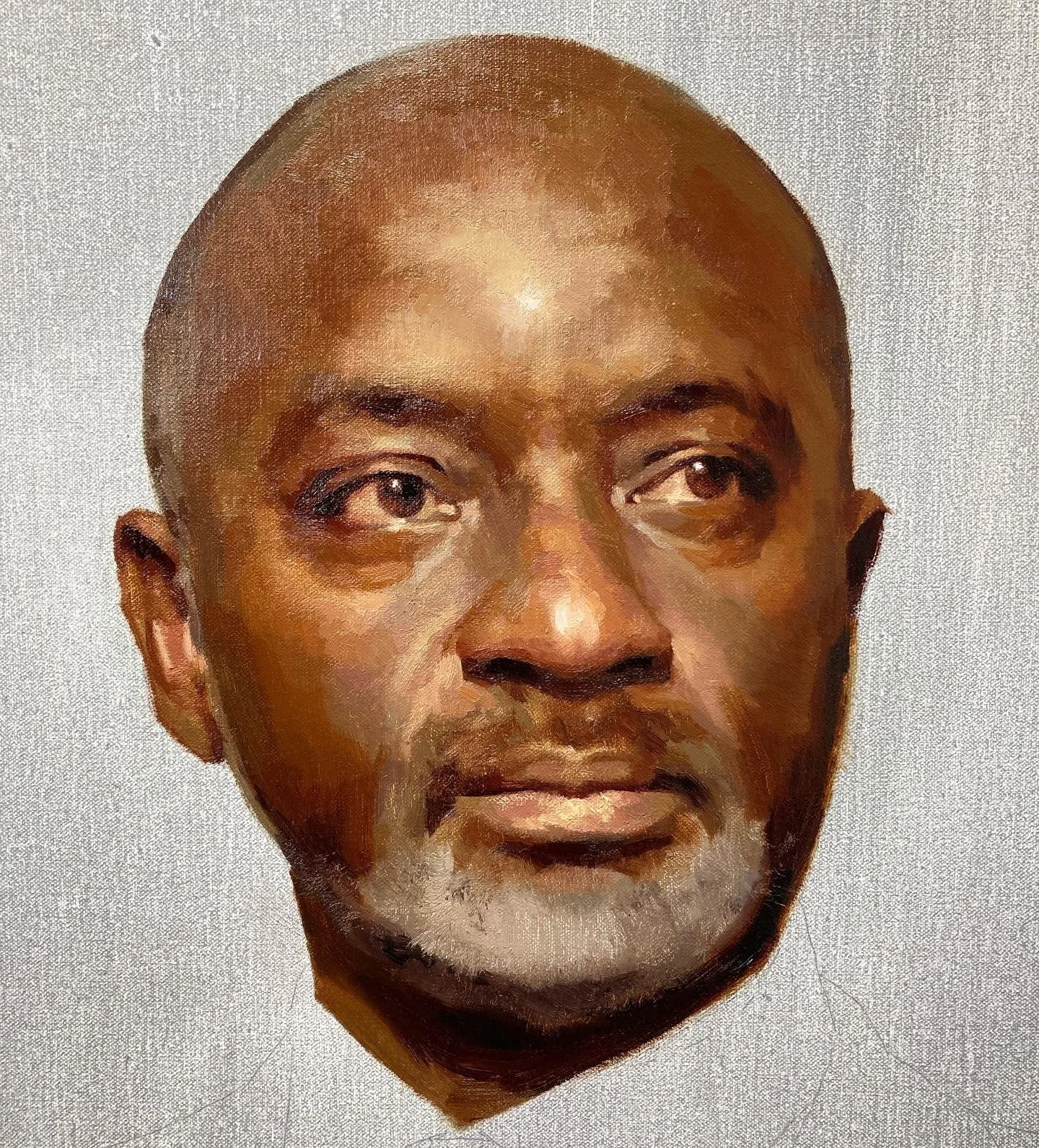 Painted portrait of a middle-aged African American man with a bald head and gray beard, looking slightly to the right.