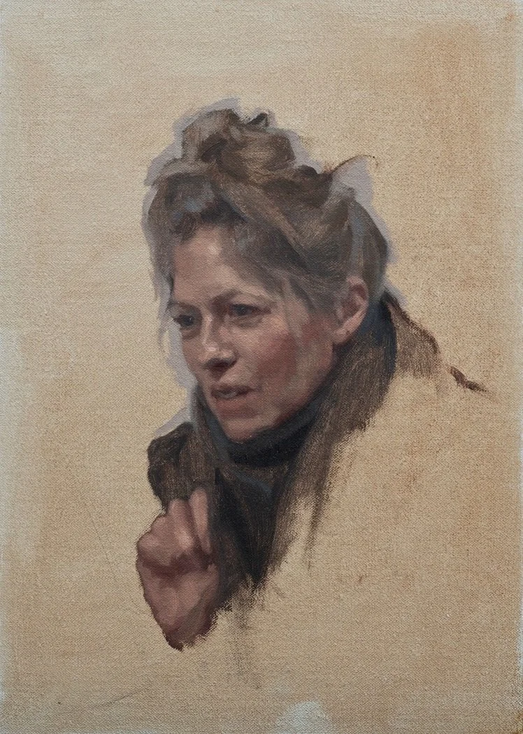 A watercolor-style portrait of a woman with blonde hair tied up, looking contemplative, wearing a dark top and holding a brown object close to her chest.