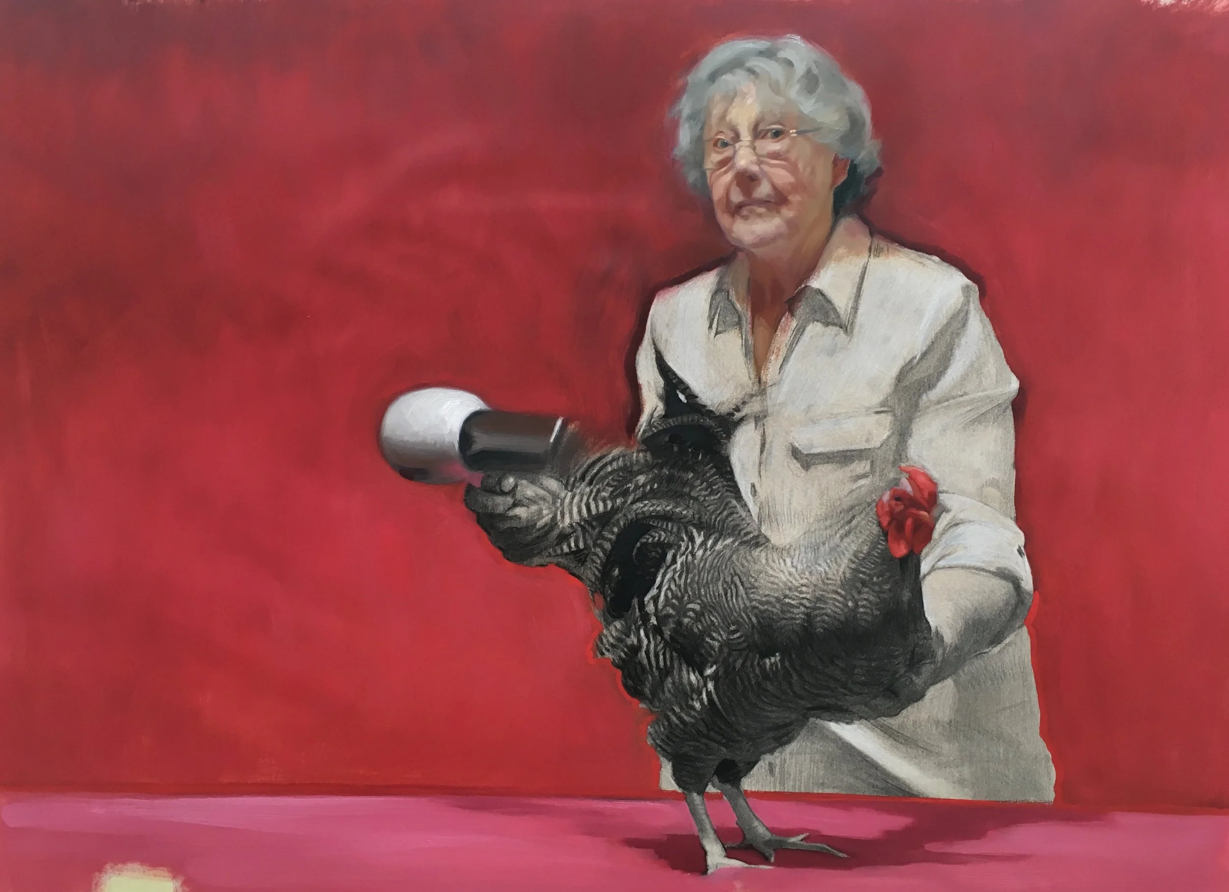 A surreal painting of an older woman with glasses holding a hairdryer, with a bird's body and head, against a red background.