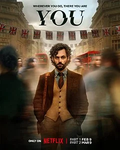 Promotional poster for the Netflix series 'You' featuring a man with dark curly hair and beard standing in a busy city street with blurred pedestrians and red double-decker buses, with British flags hanging across the street.